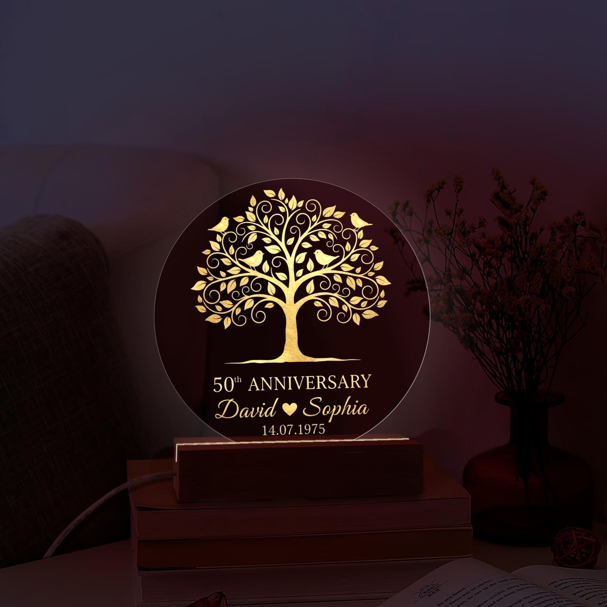 Personalised 50th Anniversary LED Light – Custom Name & Date Acrylic Lamp with Wooden Base image 1