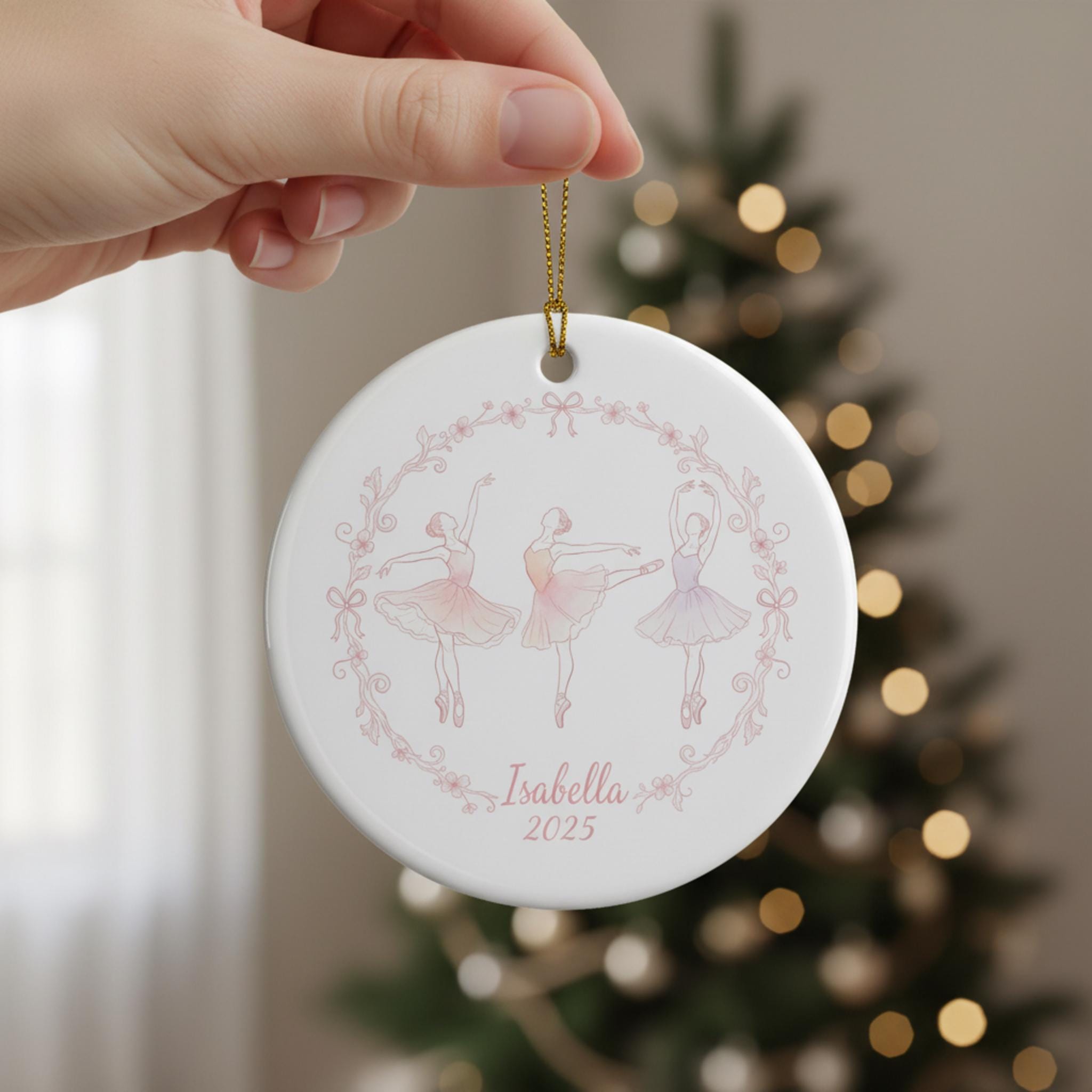 Personalized Ceramic Ornament: Ballet Dancer Illustration Round Flat; Porcelain White, Custom Name, Yearly Date