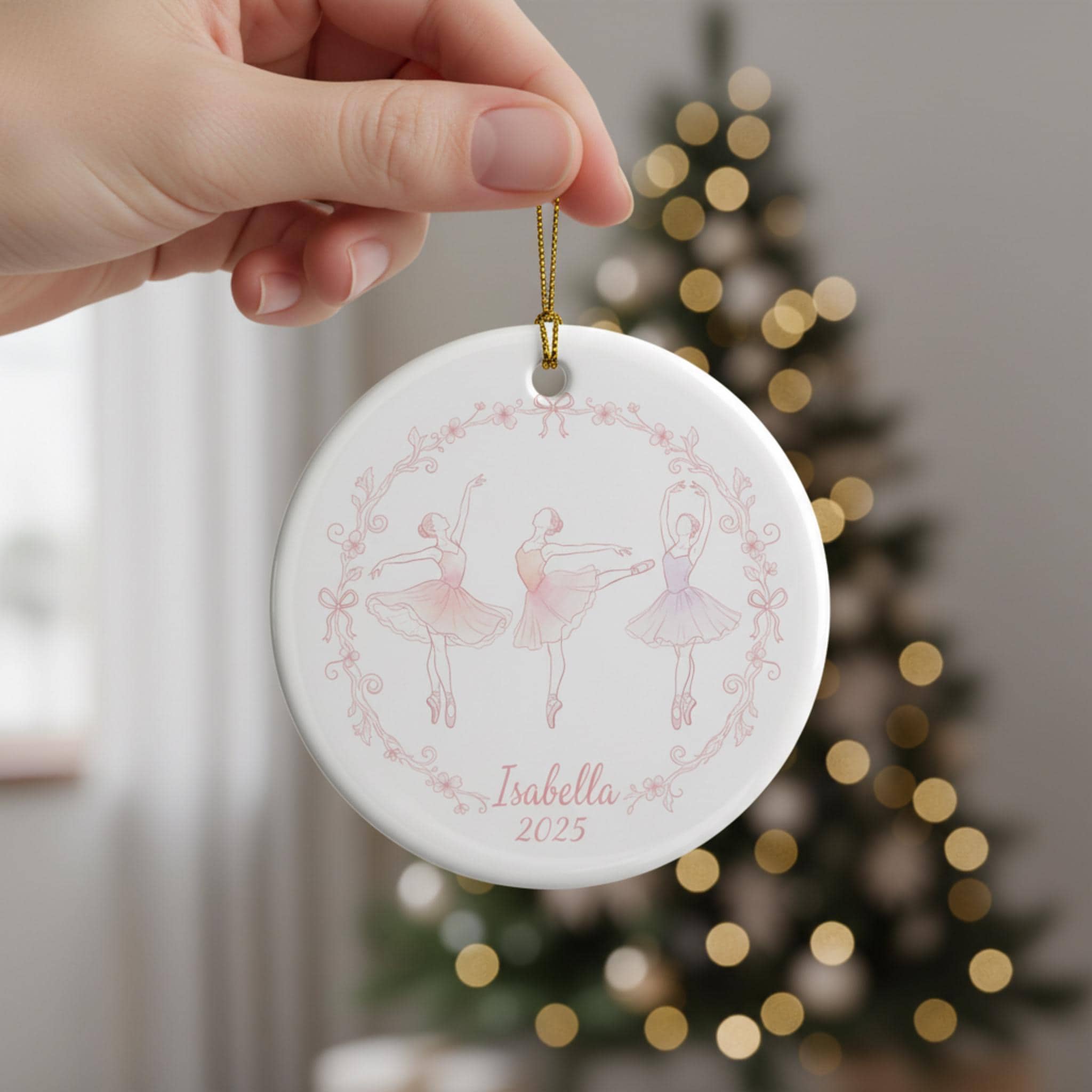Personalized Ceramic Ornament: Ballet Dancer Illustration Round Flat; Porcelain White, Custom Name, Yearly Date