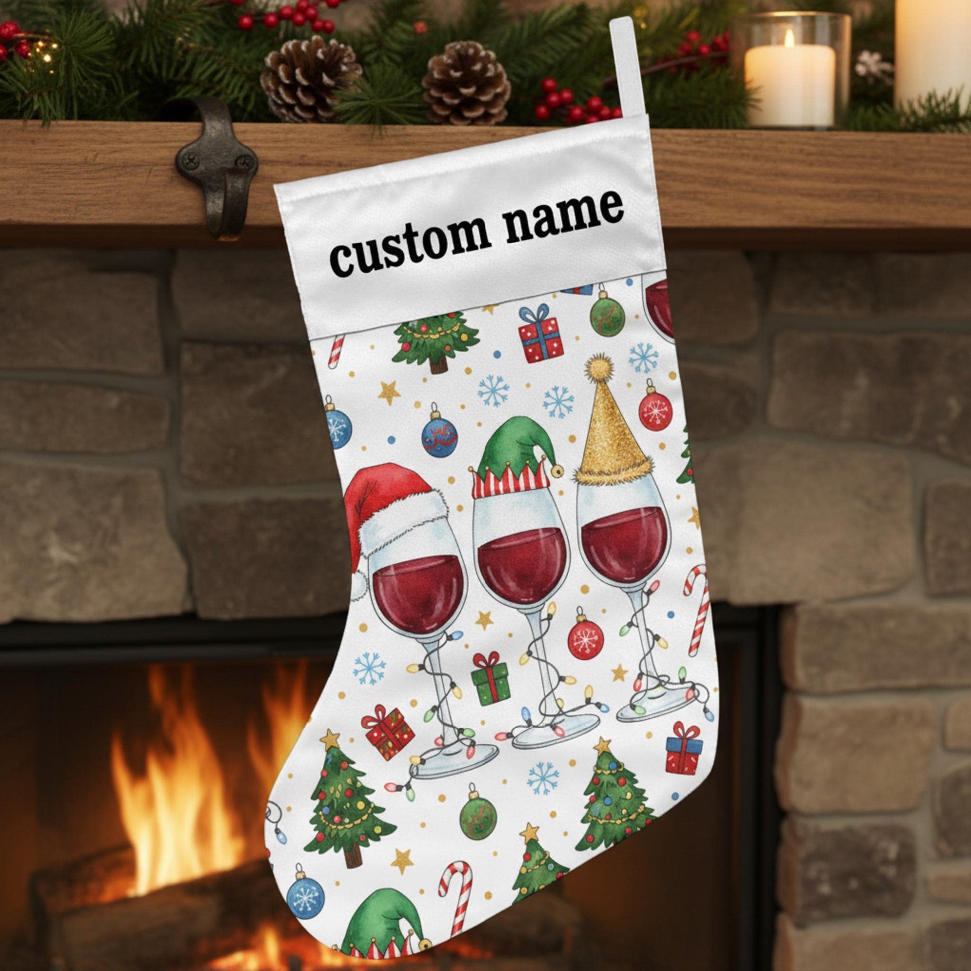 Personalized Fabric Stocking: Wine Glass Print Holiday Custom Name; White Polyester, Christmas Theme, Seasonal