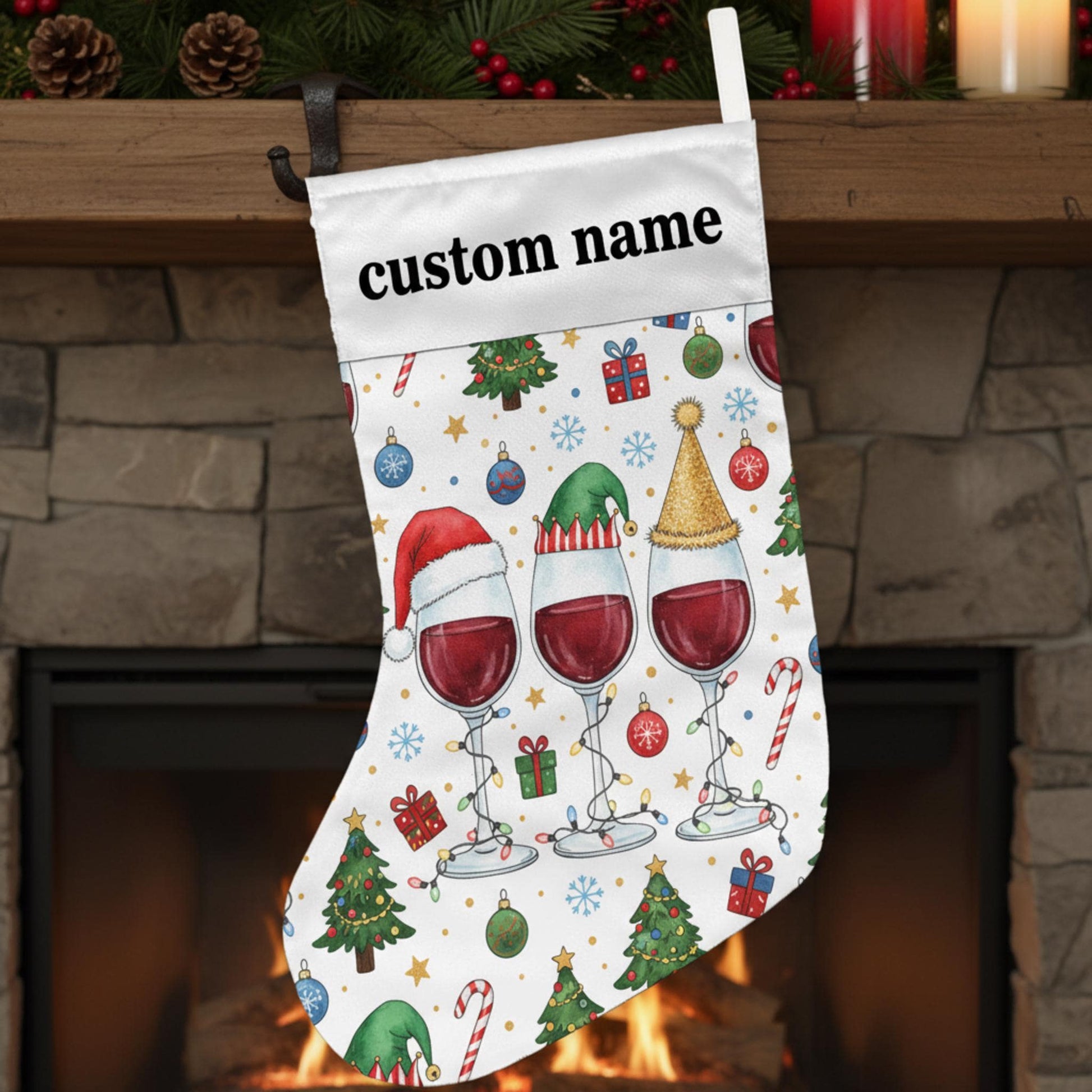 Personalized Fabric Stocking: Wine Glass Print Holiday Custom Name; White Polyester, Christmas Theme, Seasonal
