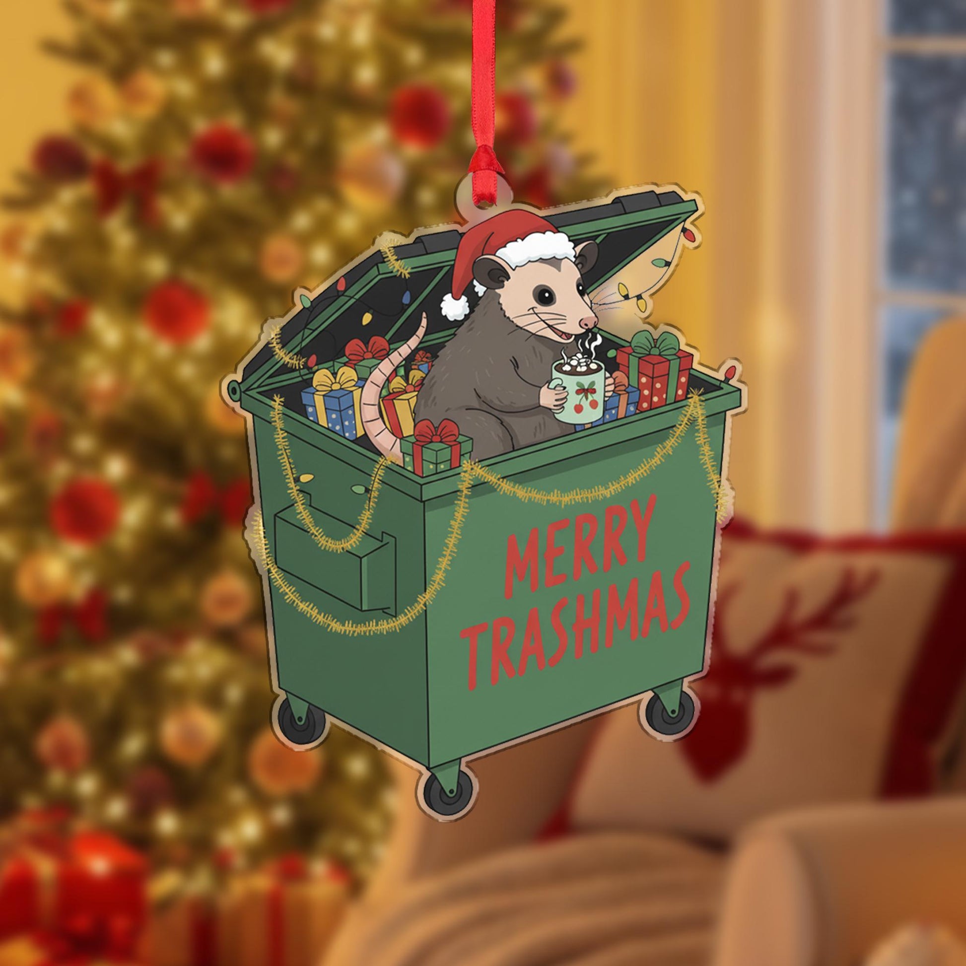 Possum Christmas Ornament – Dumpster Design with Santa Hat and Gifts