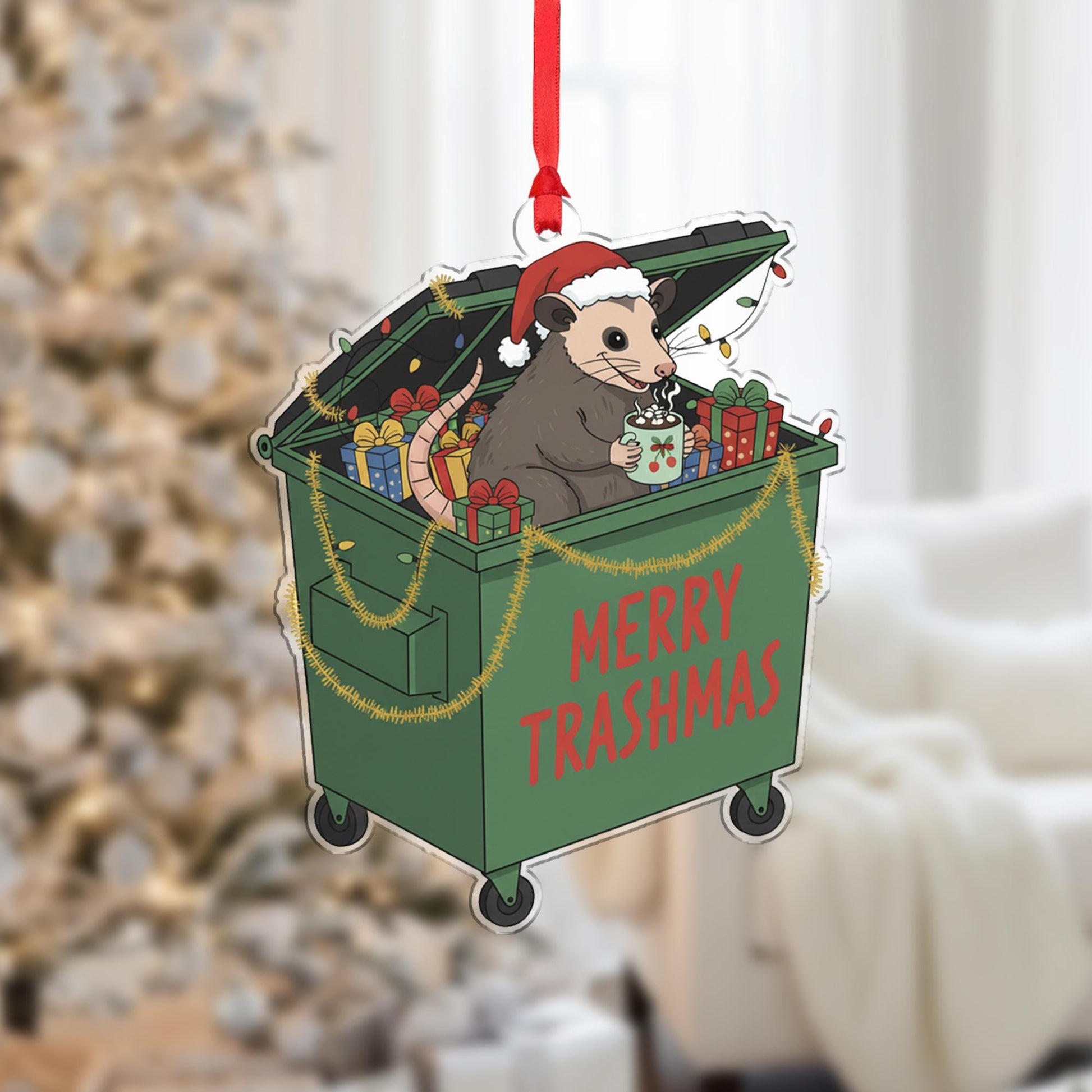 Possum Christmas Ornament – Dumpster Design with Santa Hat and Gifts