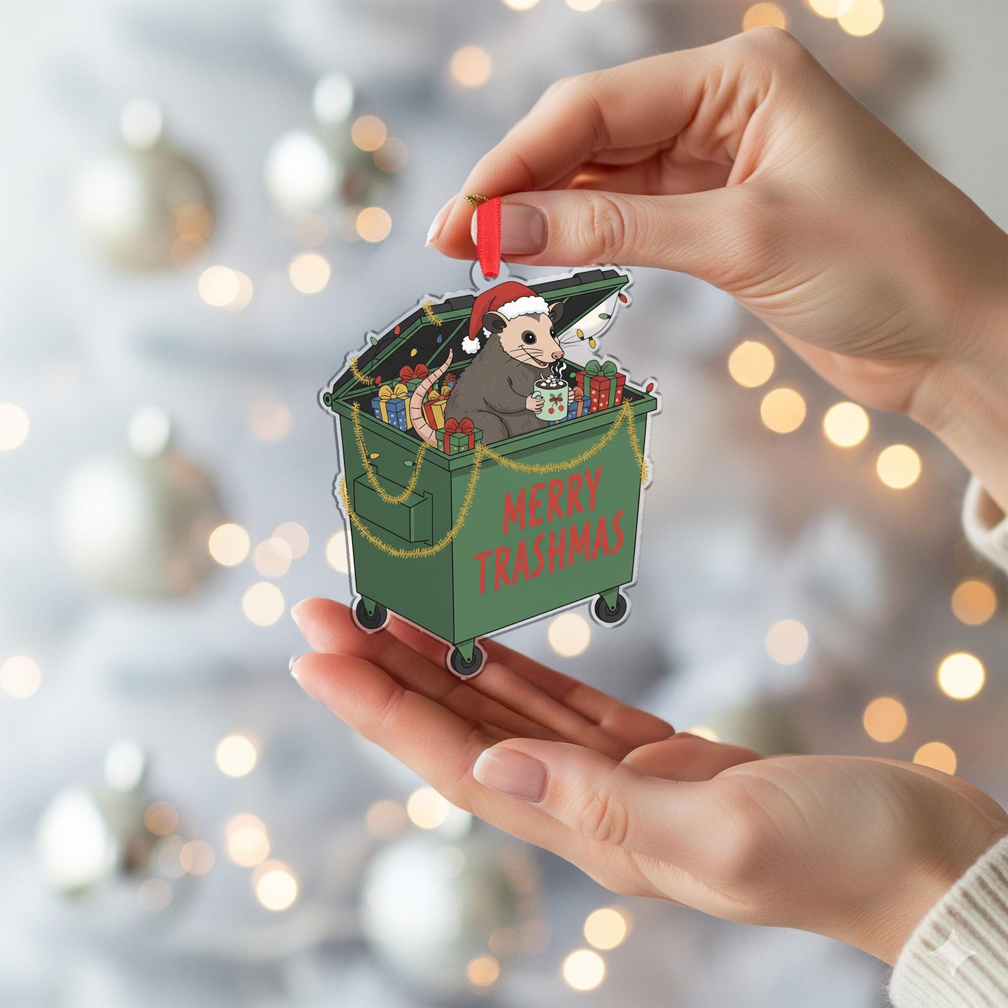 Possum Christmas Ornament – Dumpster Design with Santa Hat and Gifts