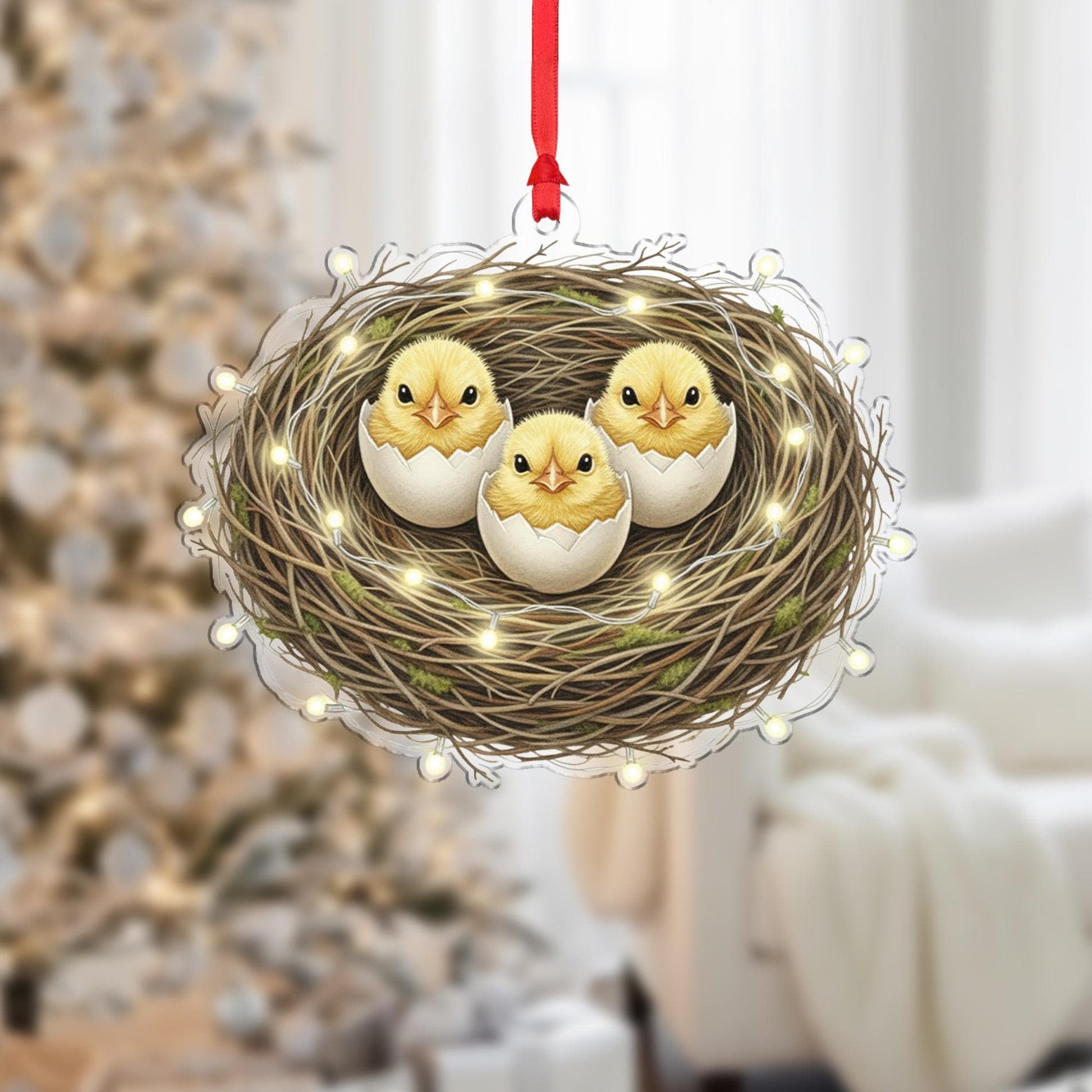 Bird Nest Christmas Ornament – Chicks in Eggshell Design with Holiday Lights