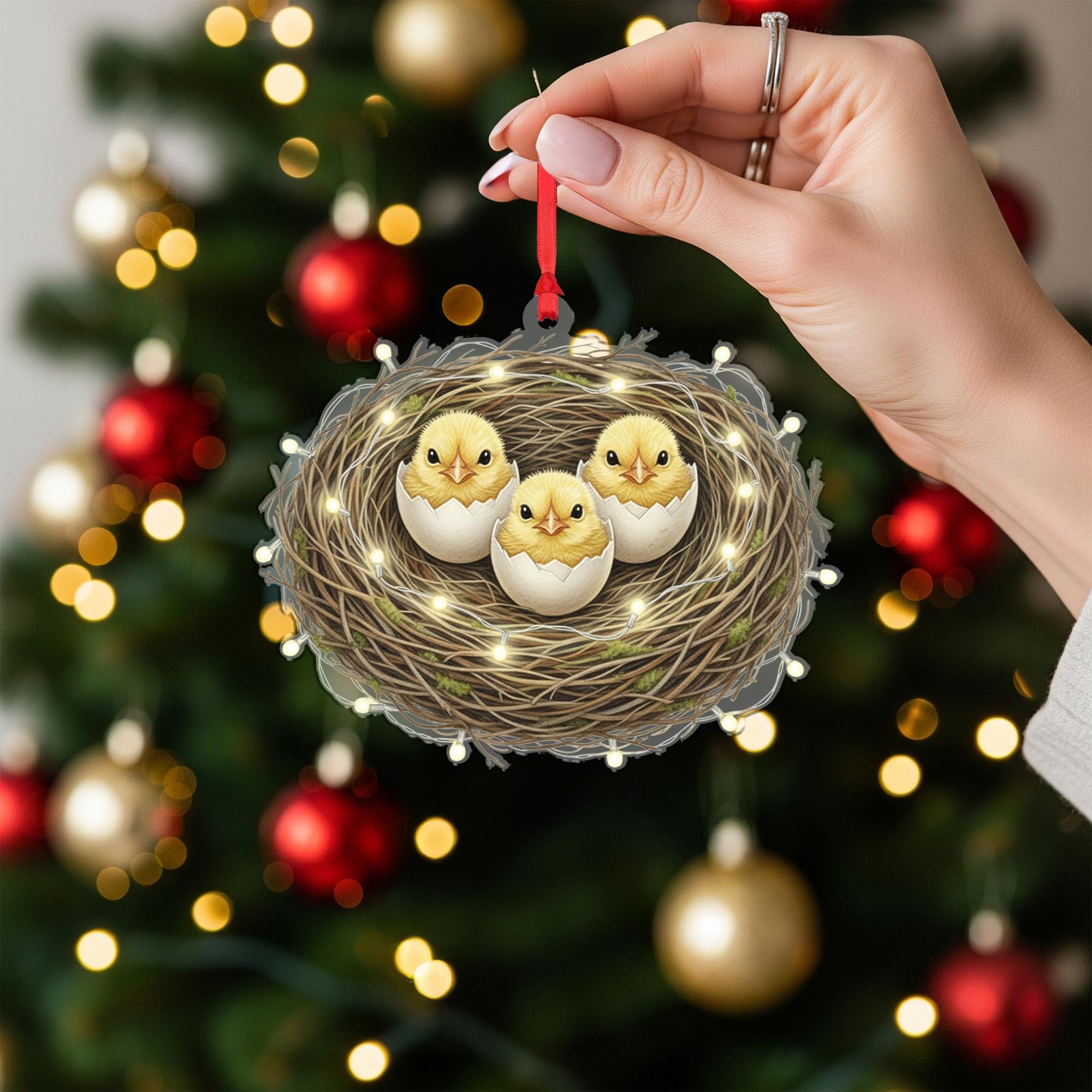 Bird Nest Christmas Ornament – Chicks in Eggshell Design with Holiday Lights