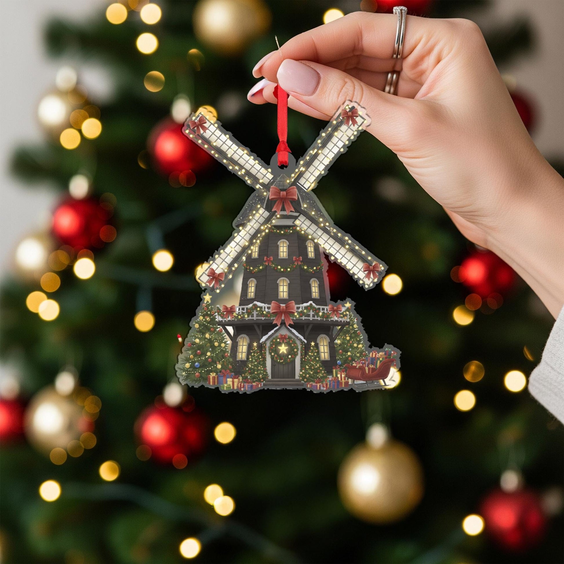 Windmill Christmas Ornament – Holiday House Design with Lights and Trees
