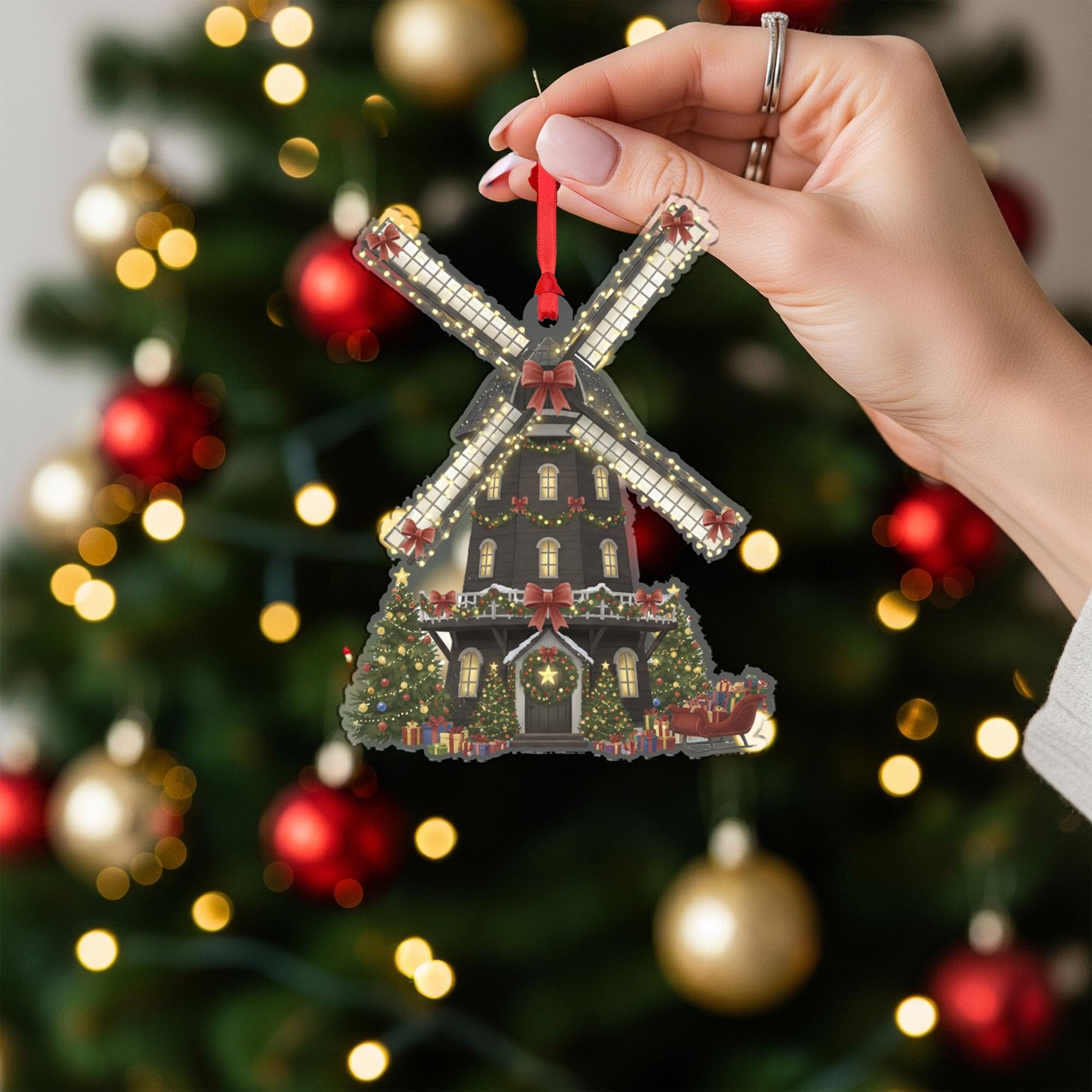 Windmill Christmas Ornament – Holiday House Design with Lights and Trees