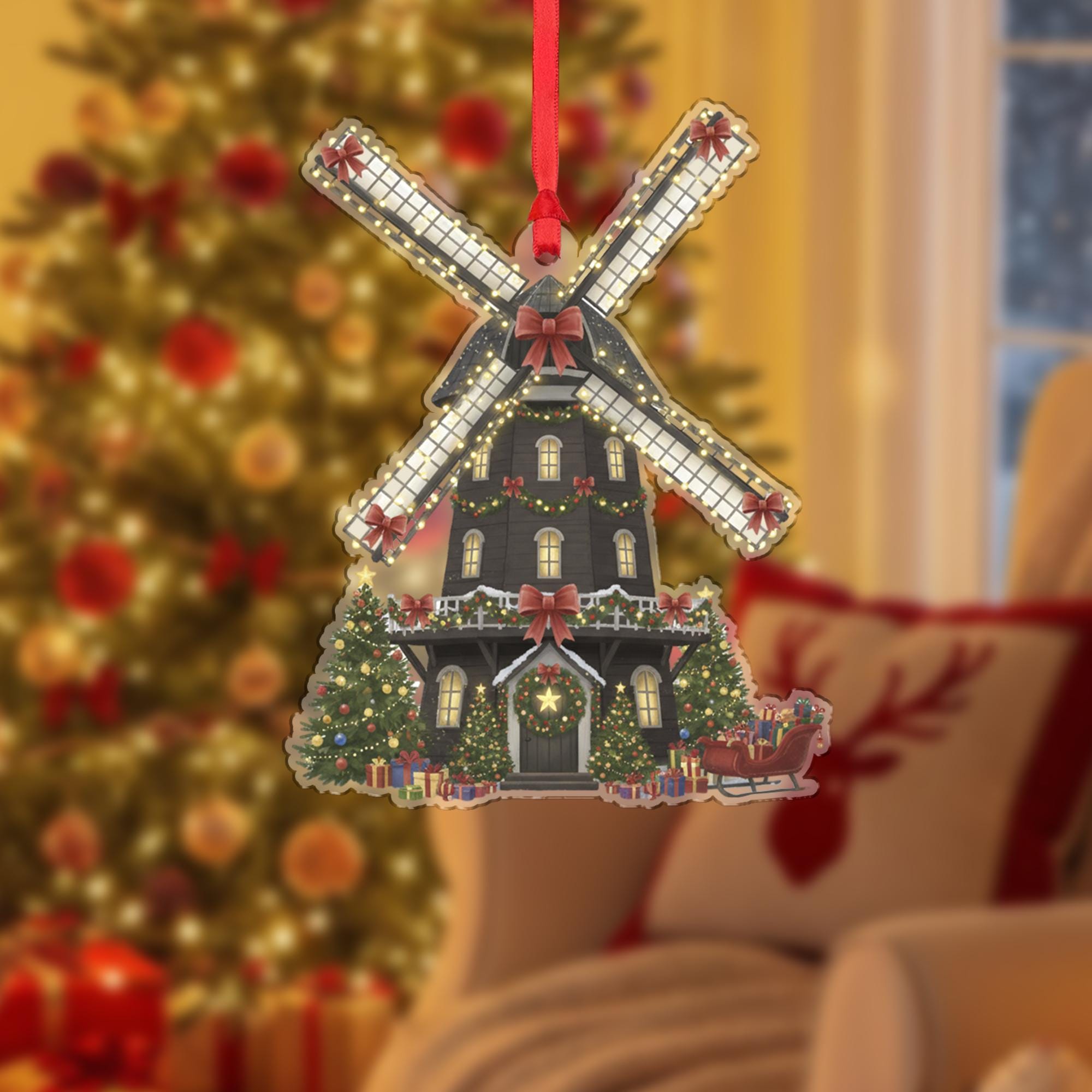 Windmill Christmas Ornament – Holiday House Design with Lights and Trees