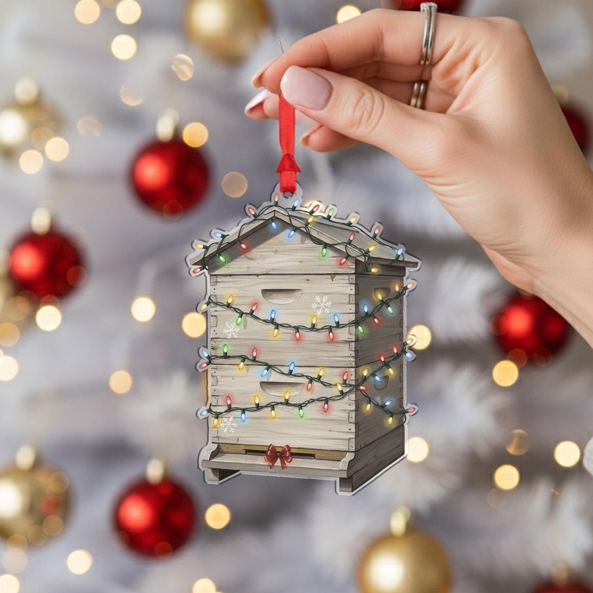 Beehive Christmas Ornament – Wooden Hive Design with Holiday Lights