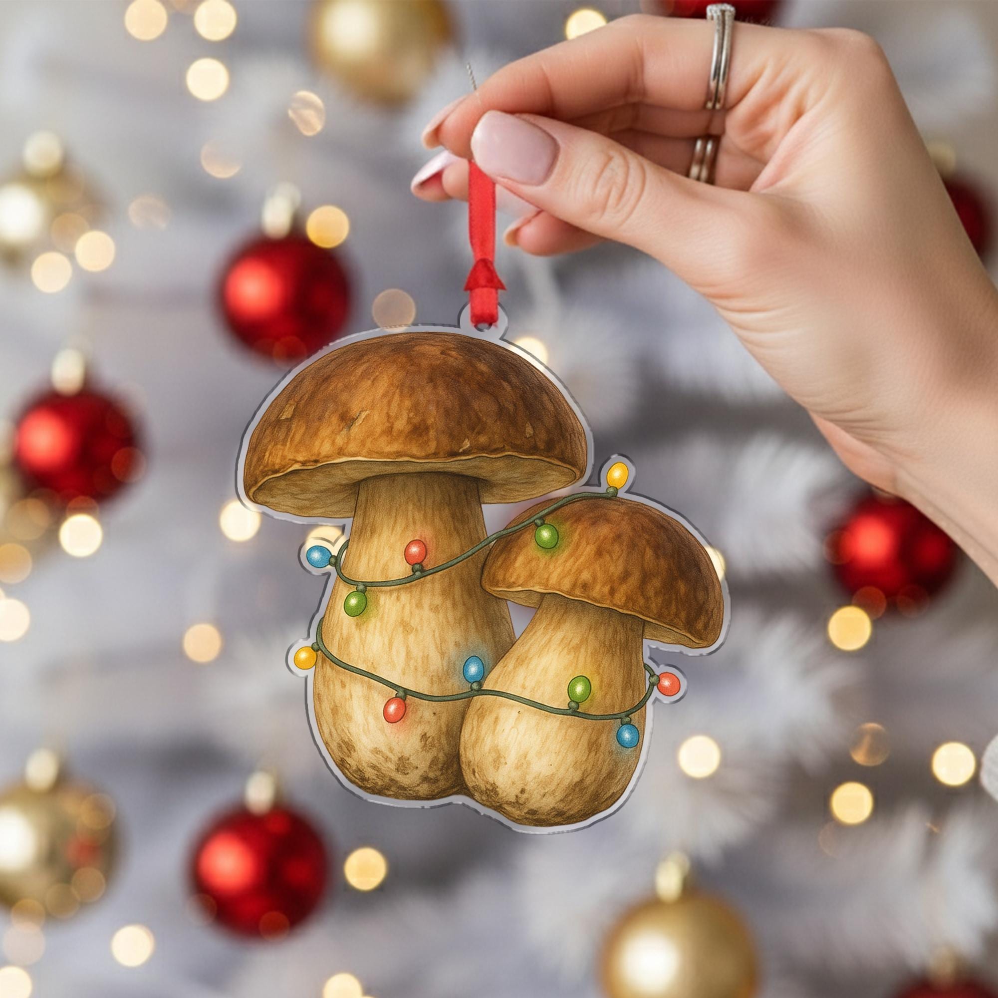 Mushroom Christmas Ornament – Porcini Design with Holiday String Lights
