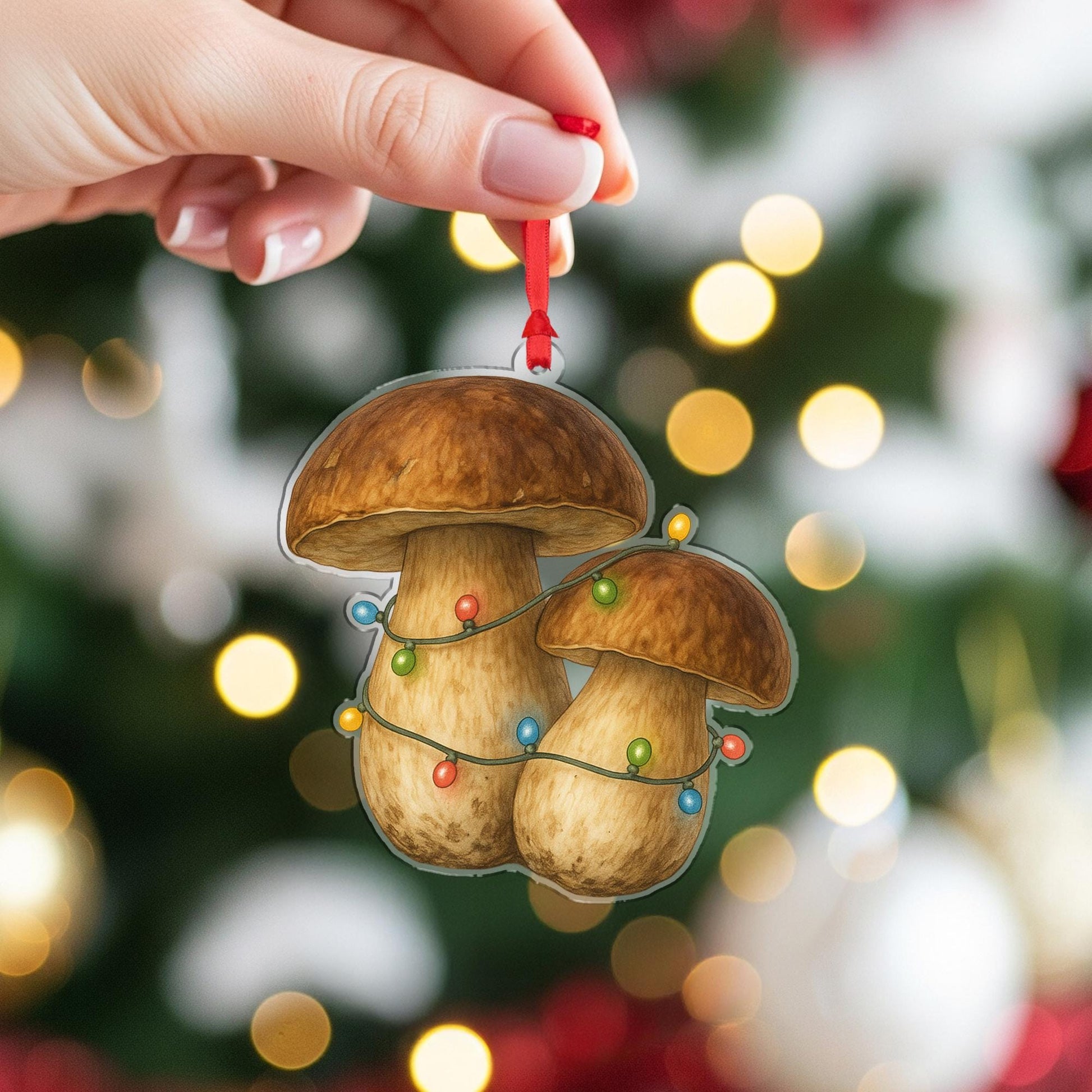 Mushroom Christmas Ornament – Porcini Design with Holiday String Lights
