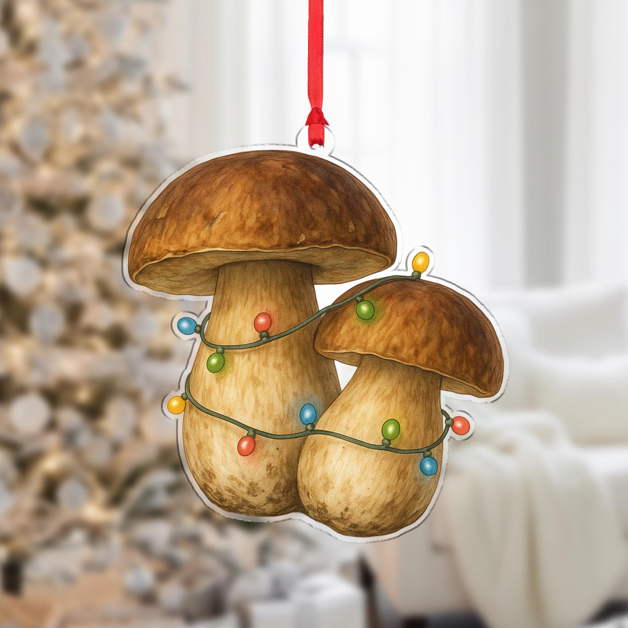 Mushroom Christmas Ornament – Porcini Design with Holiday String Lights