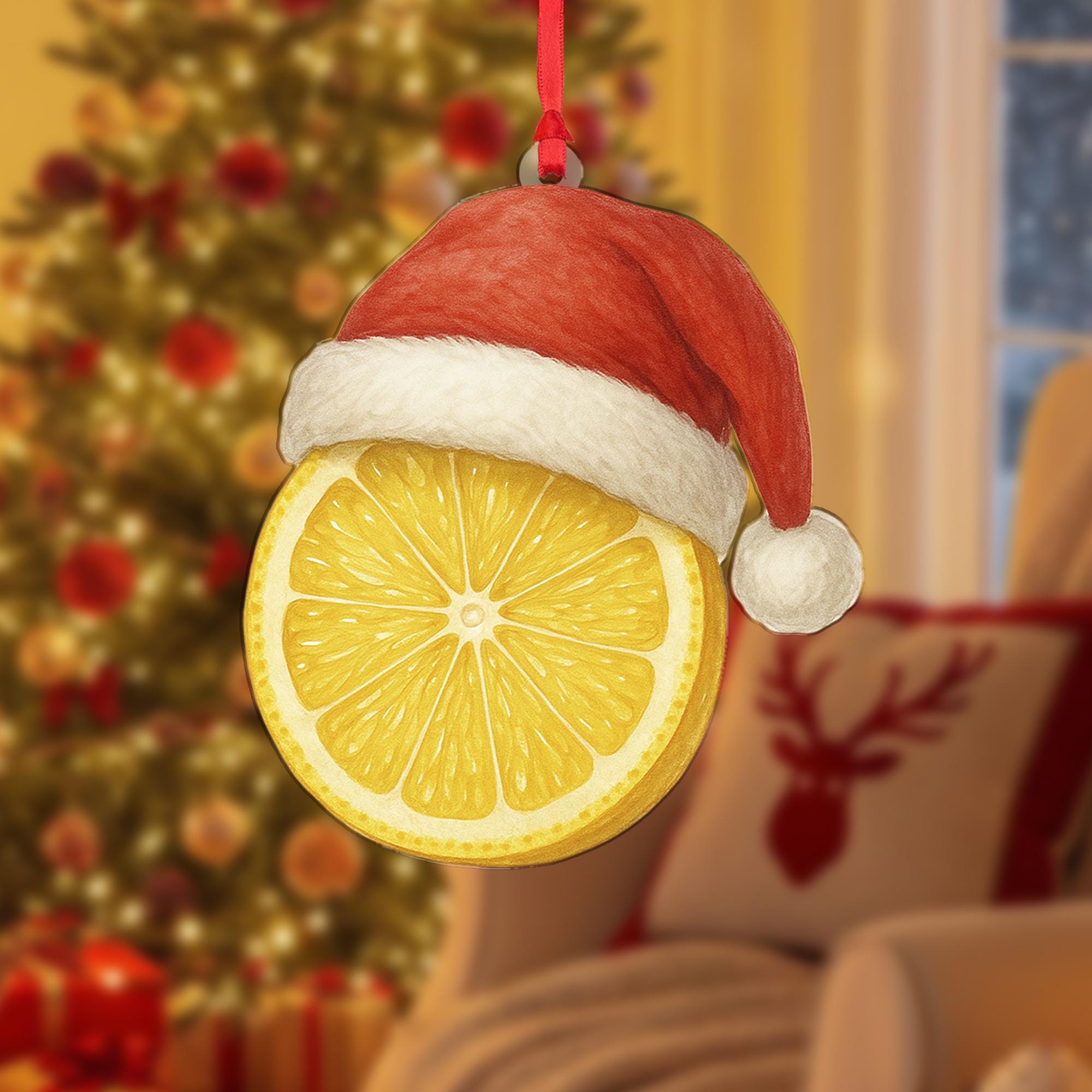Lemon Christmas Ornament – Fruit Slice Design with Santa Hat