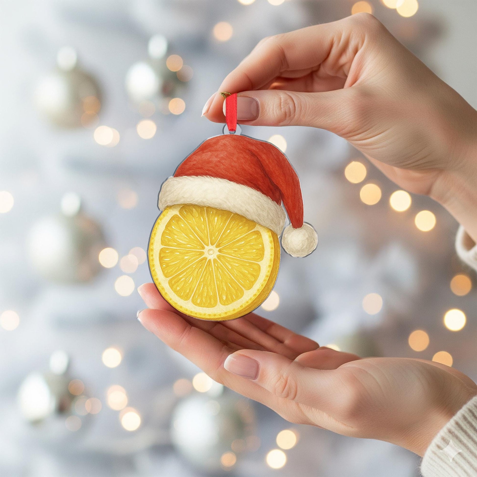 Lemon Christmas Ornament – Fruit Slice Design with Santa Hat