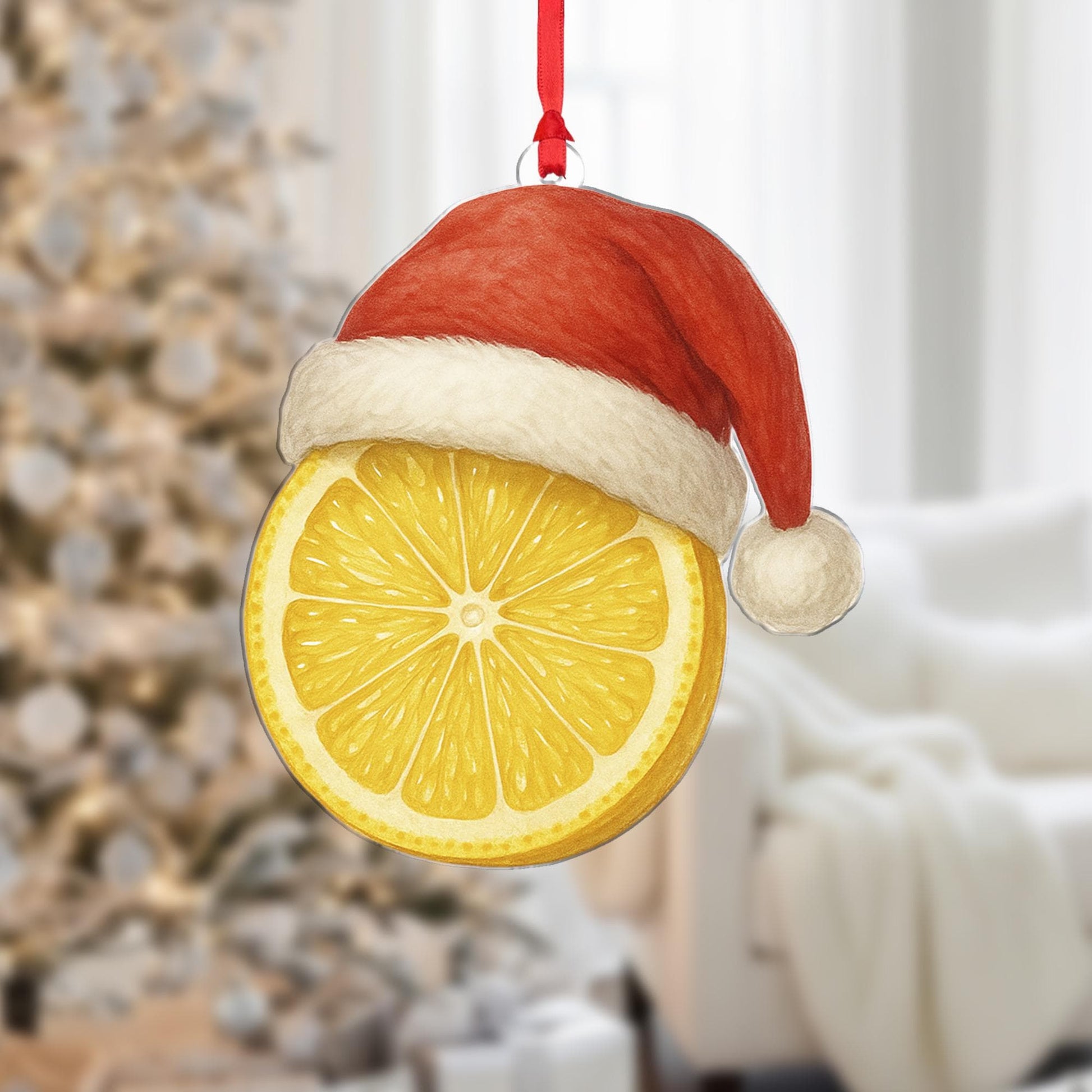 Lemon Christmas Ornament – Fruit Slice Design with Santa Hat