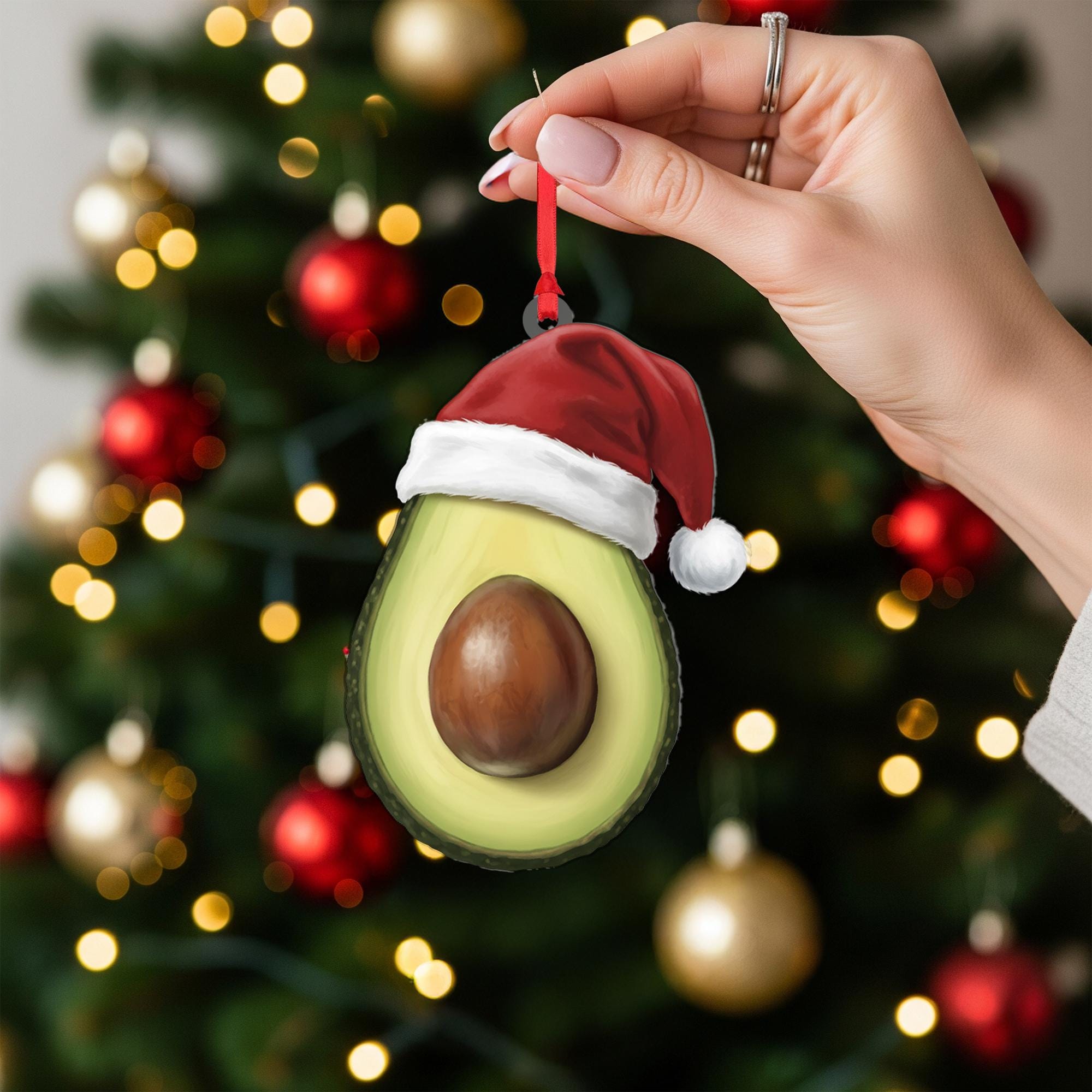 Avocado Christmas Ornament – Fruit Design with Santa Hat
