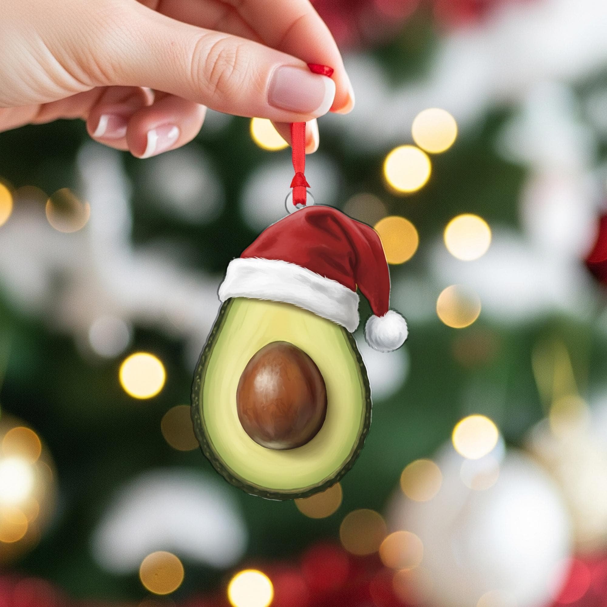 Avocado Christmas Ornament – Fruit Design with Santa Hat