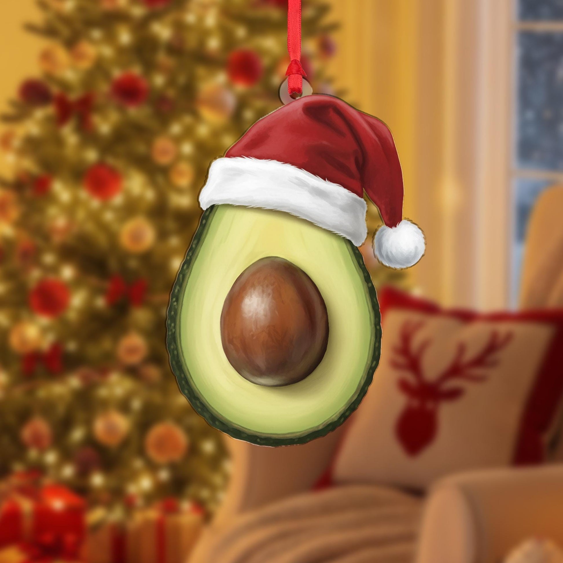 Avocado Christmas Ornament – Fruit Design with Santa Hat