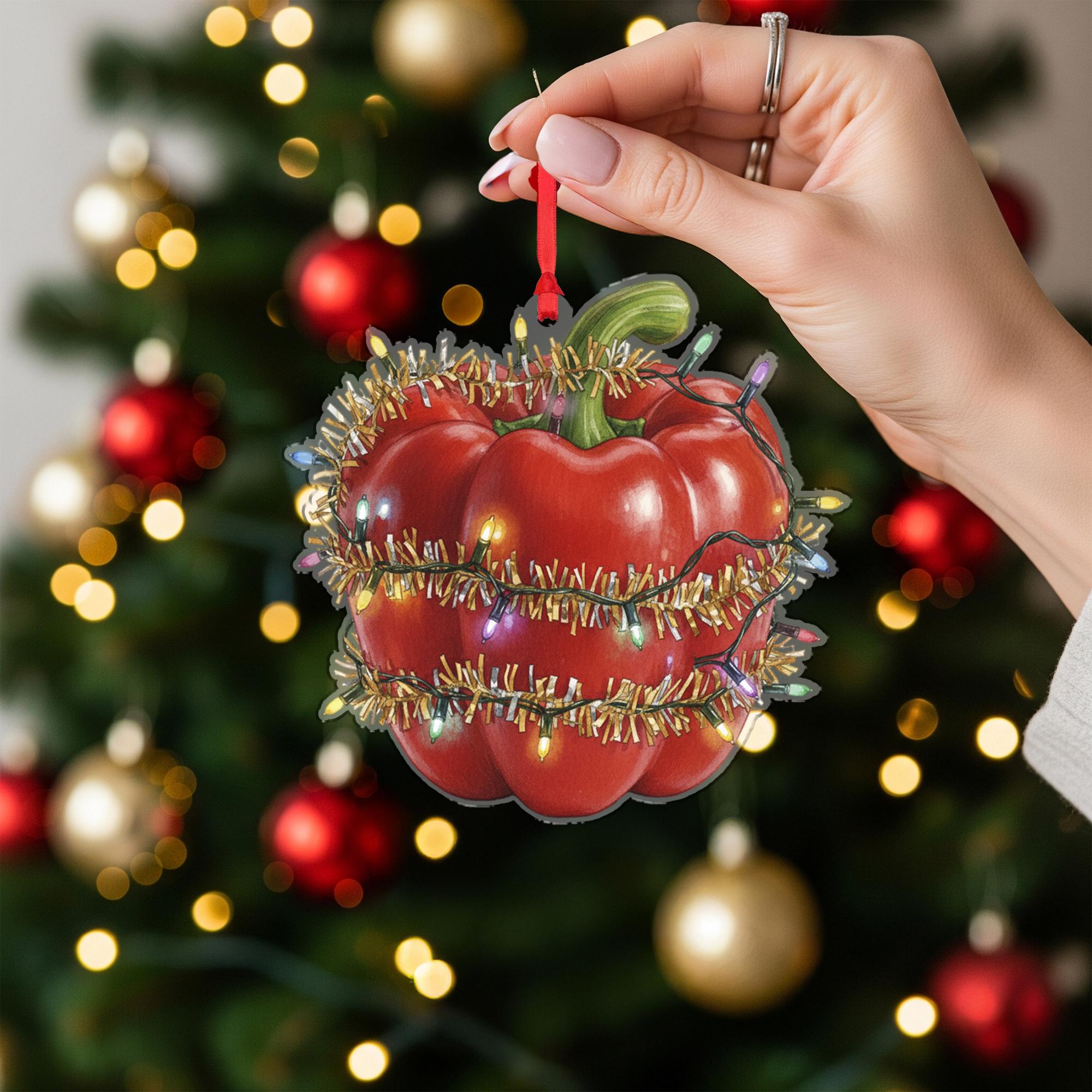 Bell Pepper Christmas Ornament – Red Vegetable Design with Holiday Lights