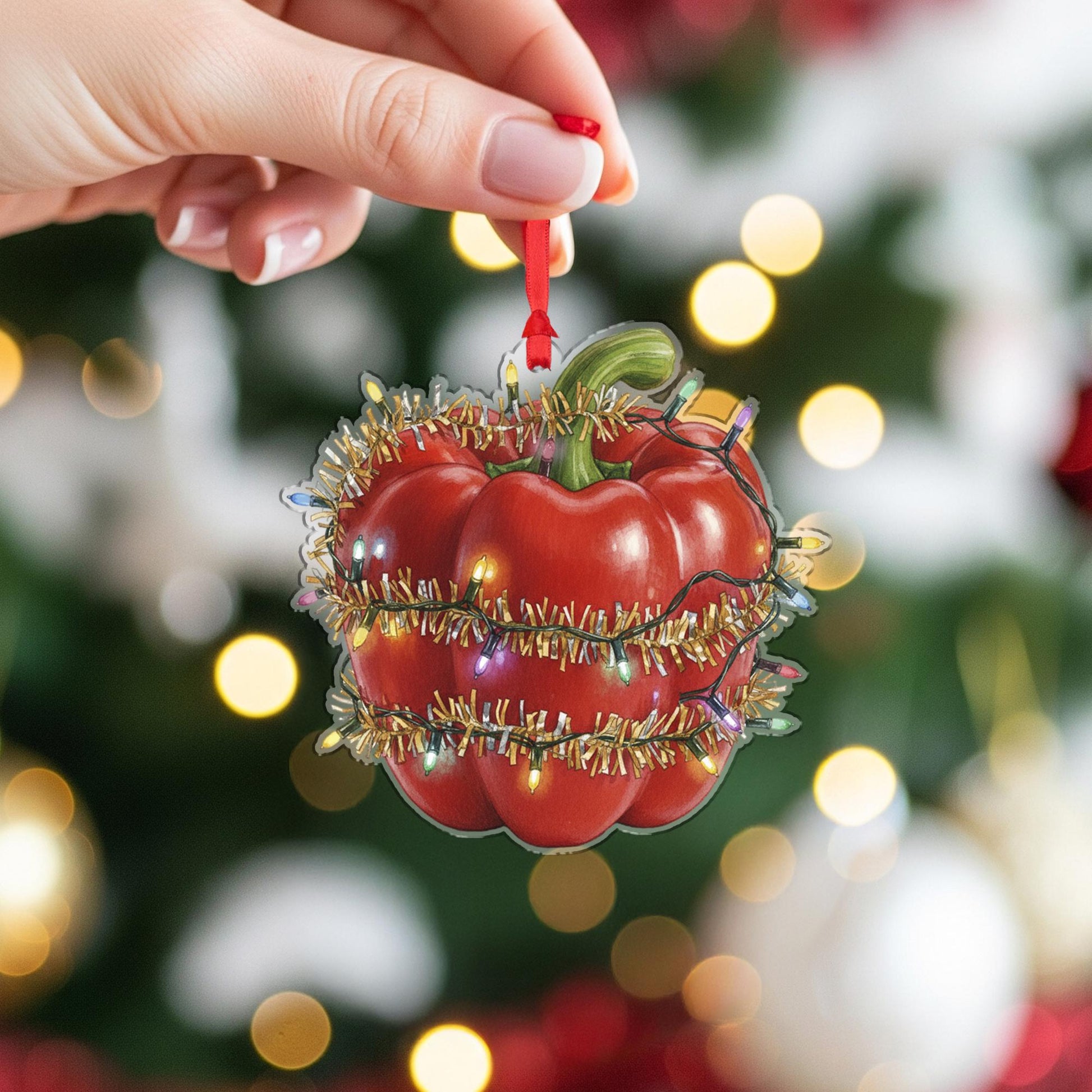 Bell Pepper Christmas Ornament – Red Vegetable Design with Holiday Lights