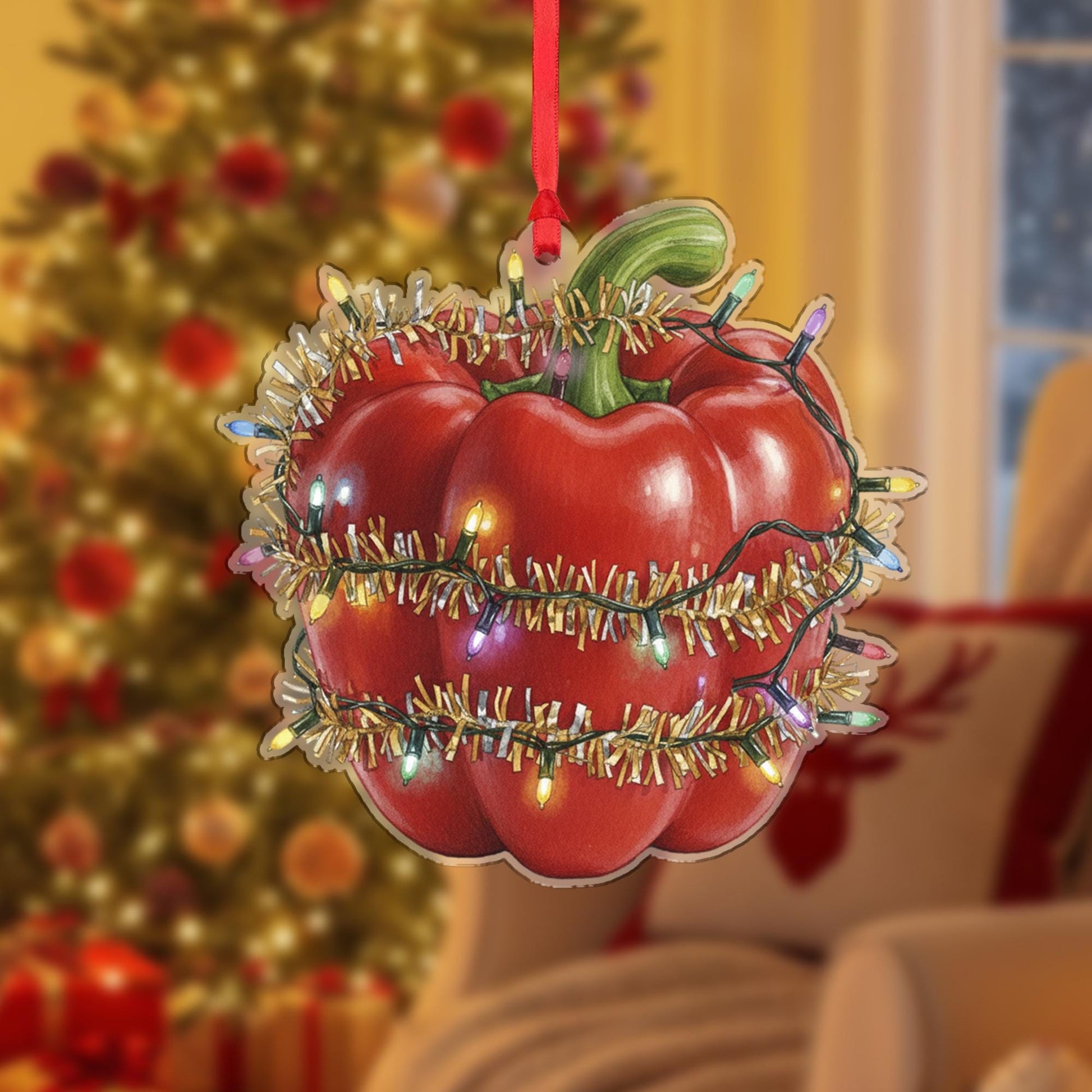 Bell Pepper Christmas Ornament – Red Vegetable Design with Holiday Lights
