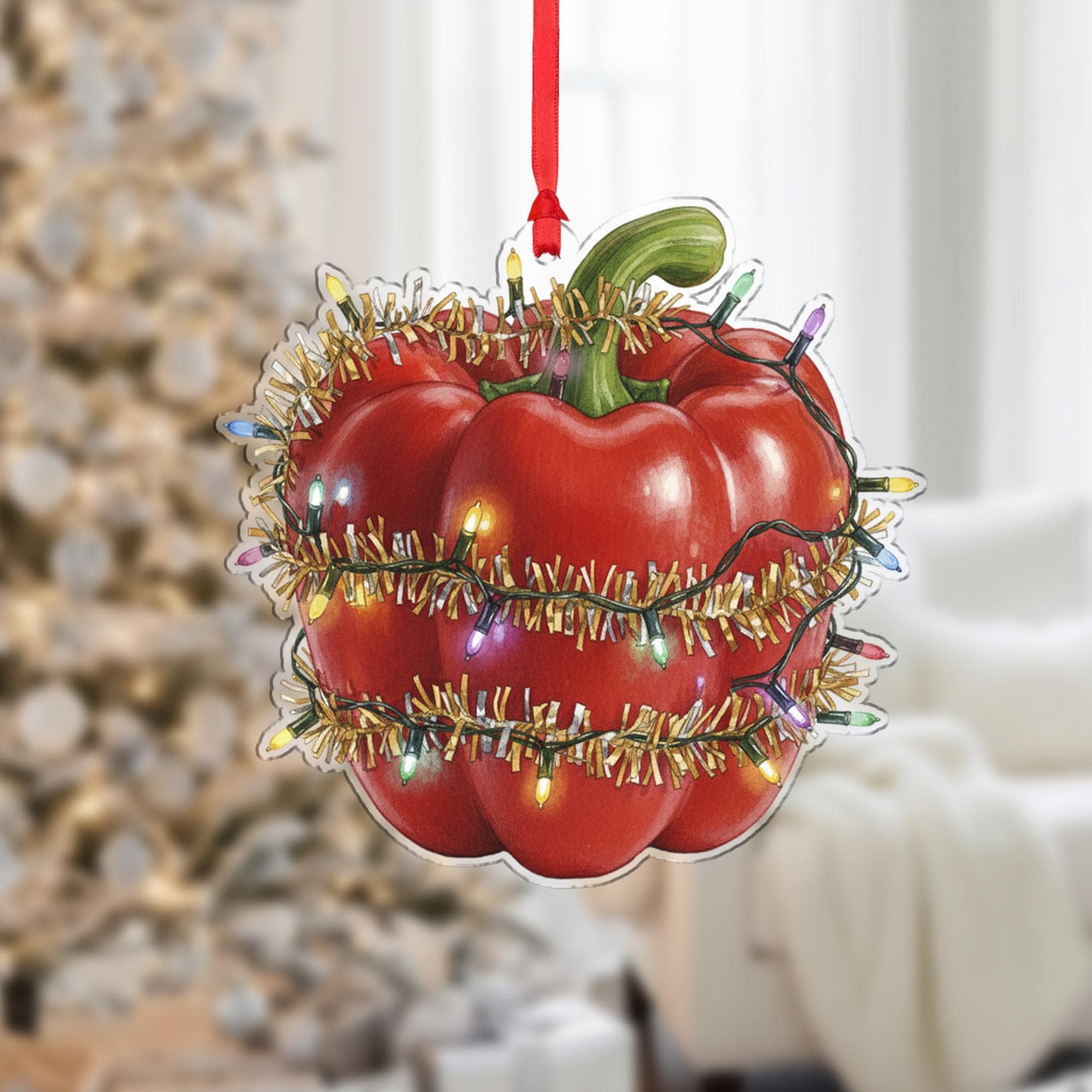 Bell Pepper Christmas Ornament – Red Vegetable Design with Holiday Lights