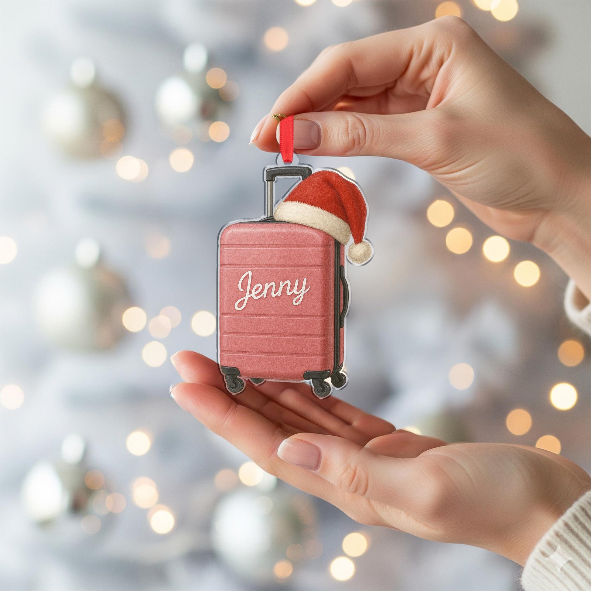 Personalized Suitcase Ornament – Luggage Design with Santa Hat