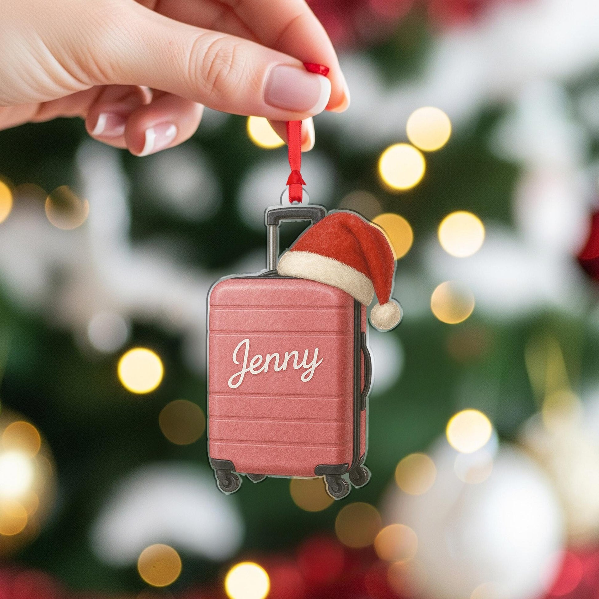 Personalized Suitcase Ornament – Luggage Design with Santa Hat