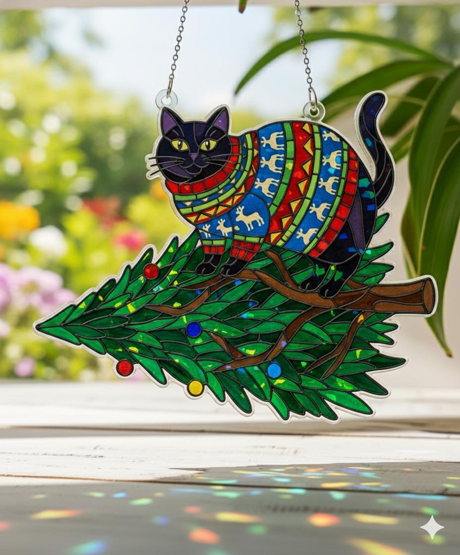 Cat in Sweater Window Hanging — Christmas Tree Hologram Suncatcher Decor