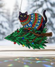 Cat in Sweater Window Hanging — Christmas Tree Hologram Suncatcher Decor