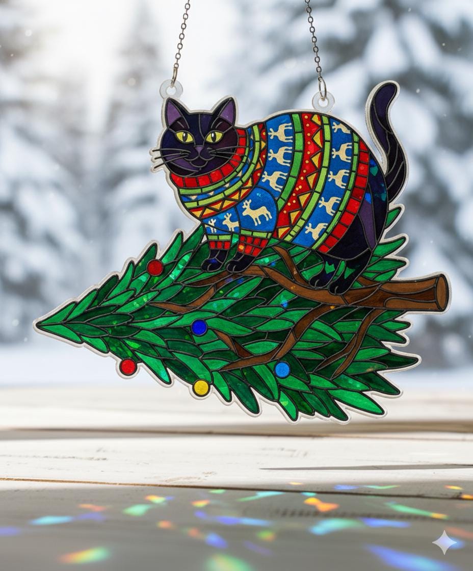 Cat in Sweater Window Hanging — Christmas Tree Hologram Suncatcher Decor