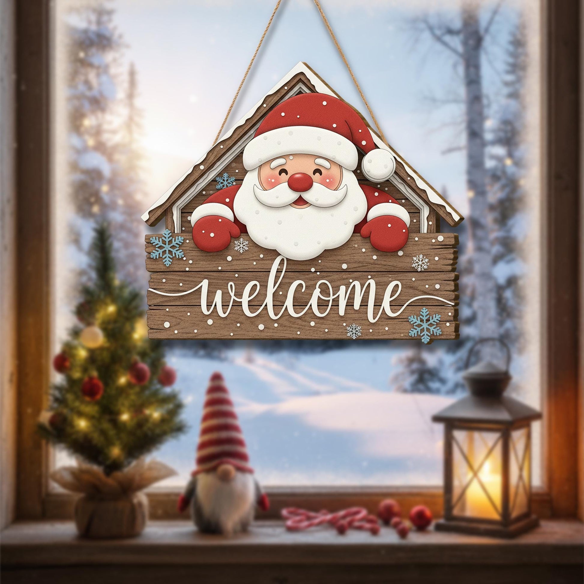 Santa Welcome Sign: Wooden Holiday Door Hanger