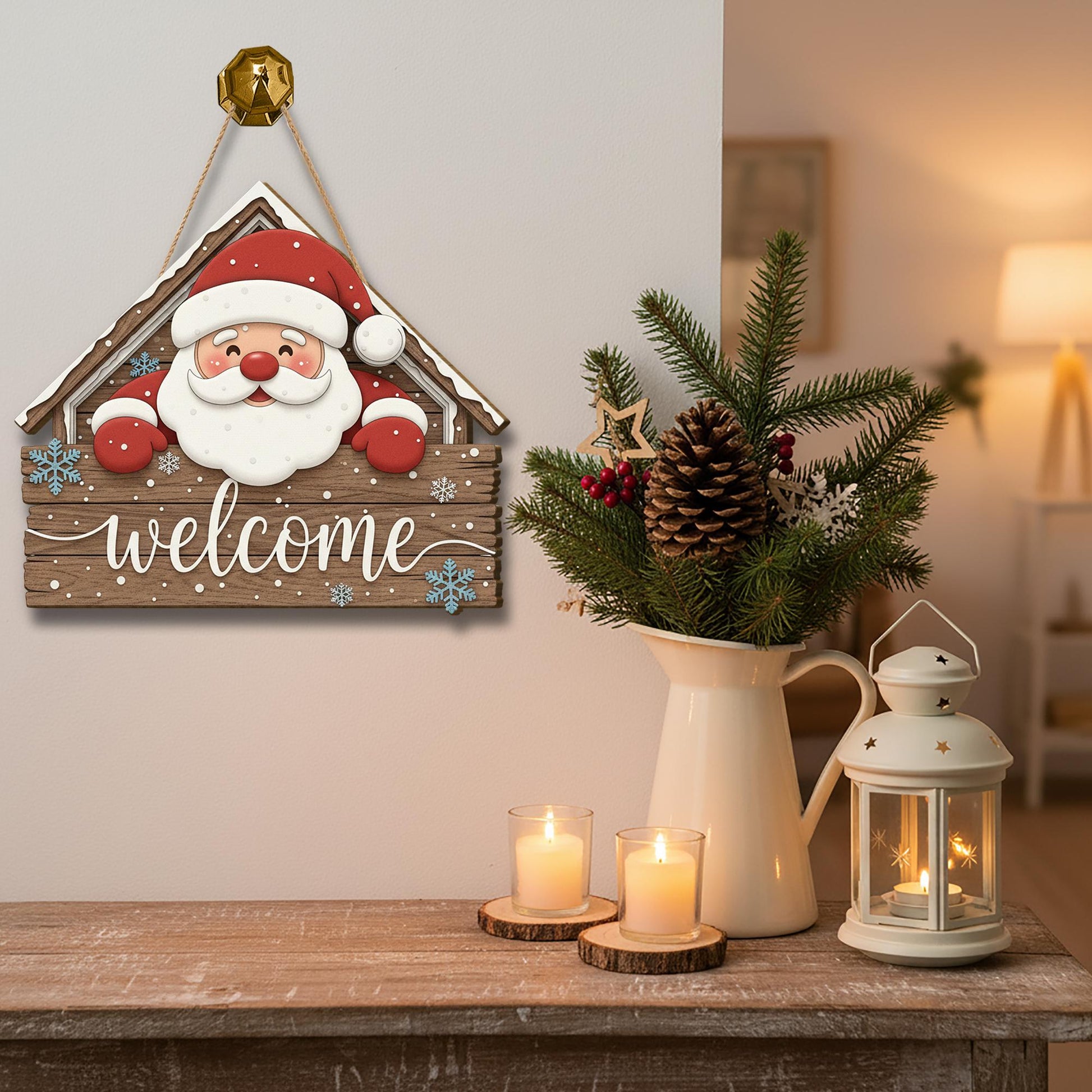 Santa Welcome Sign: Wooden Holiday Door Hanger