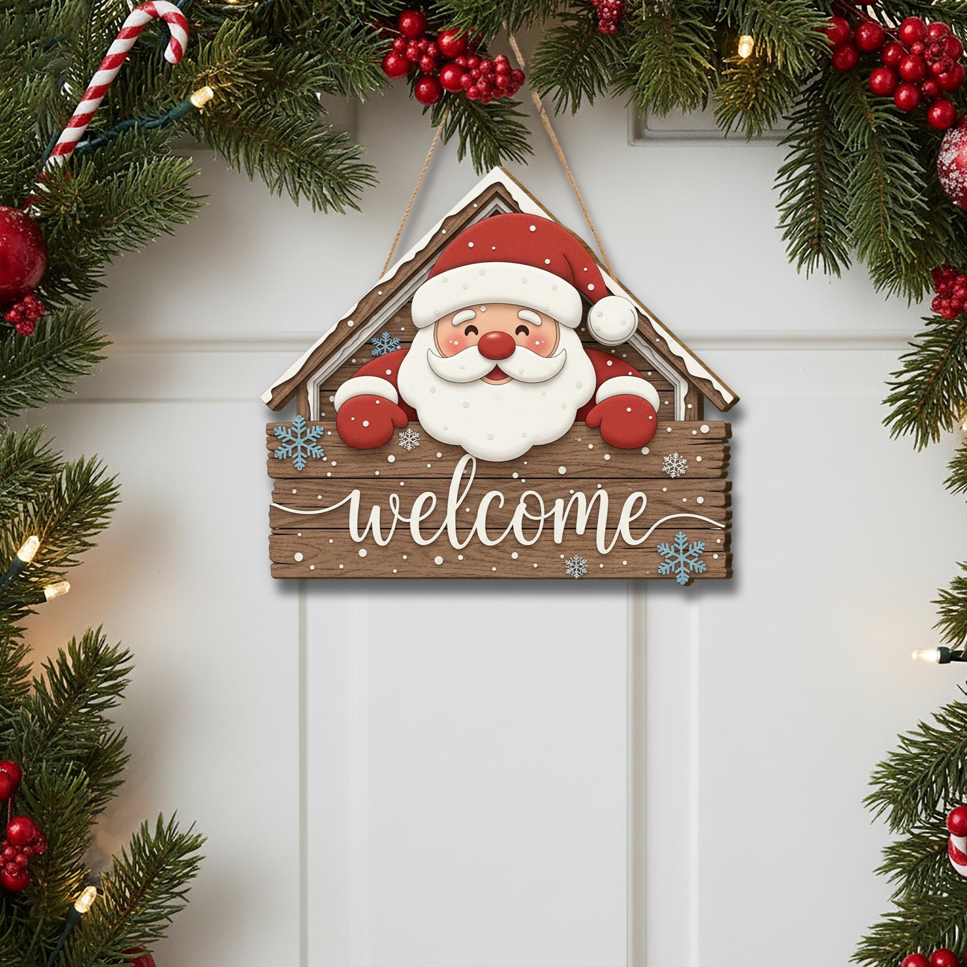 Santa Welcome Sign: Wooden Holiday Door Hanger