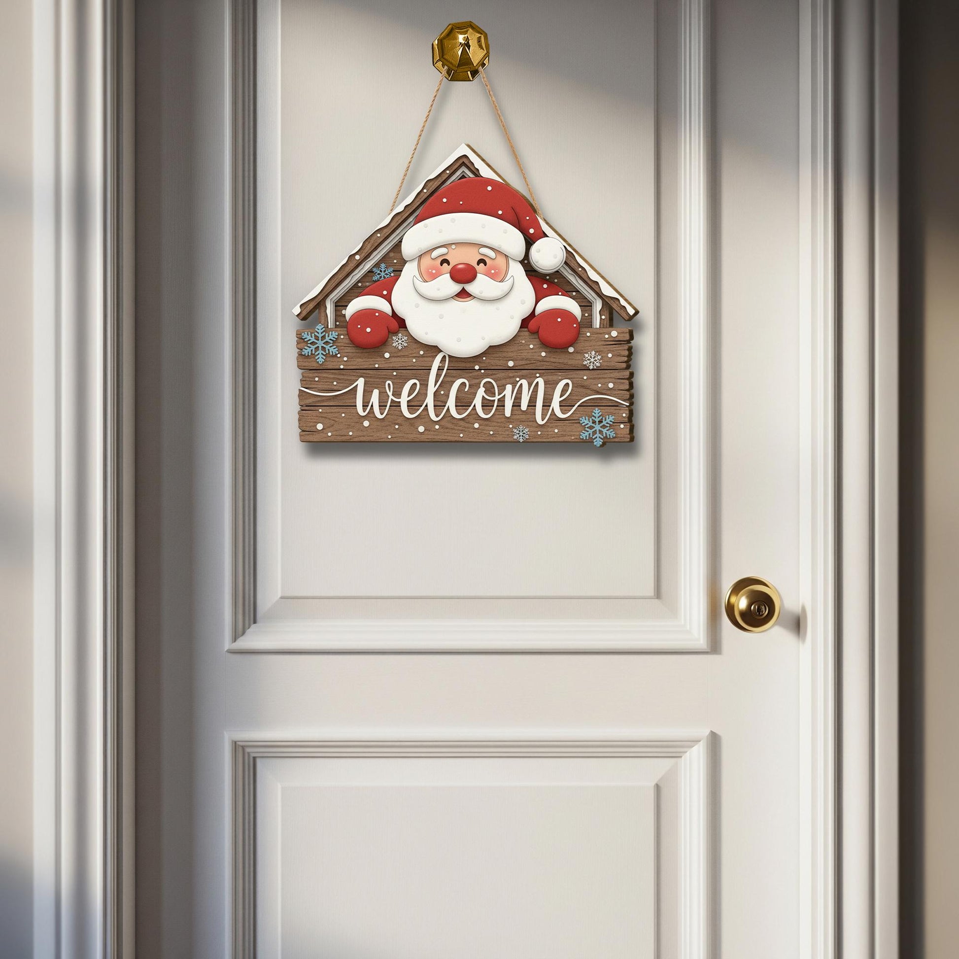 Santa Welcome Sign: Wooden Holiday Door Hanger