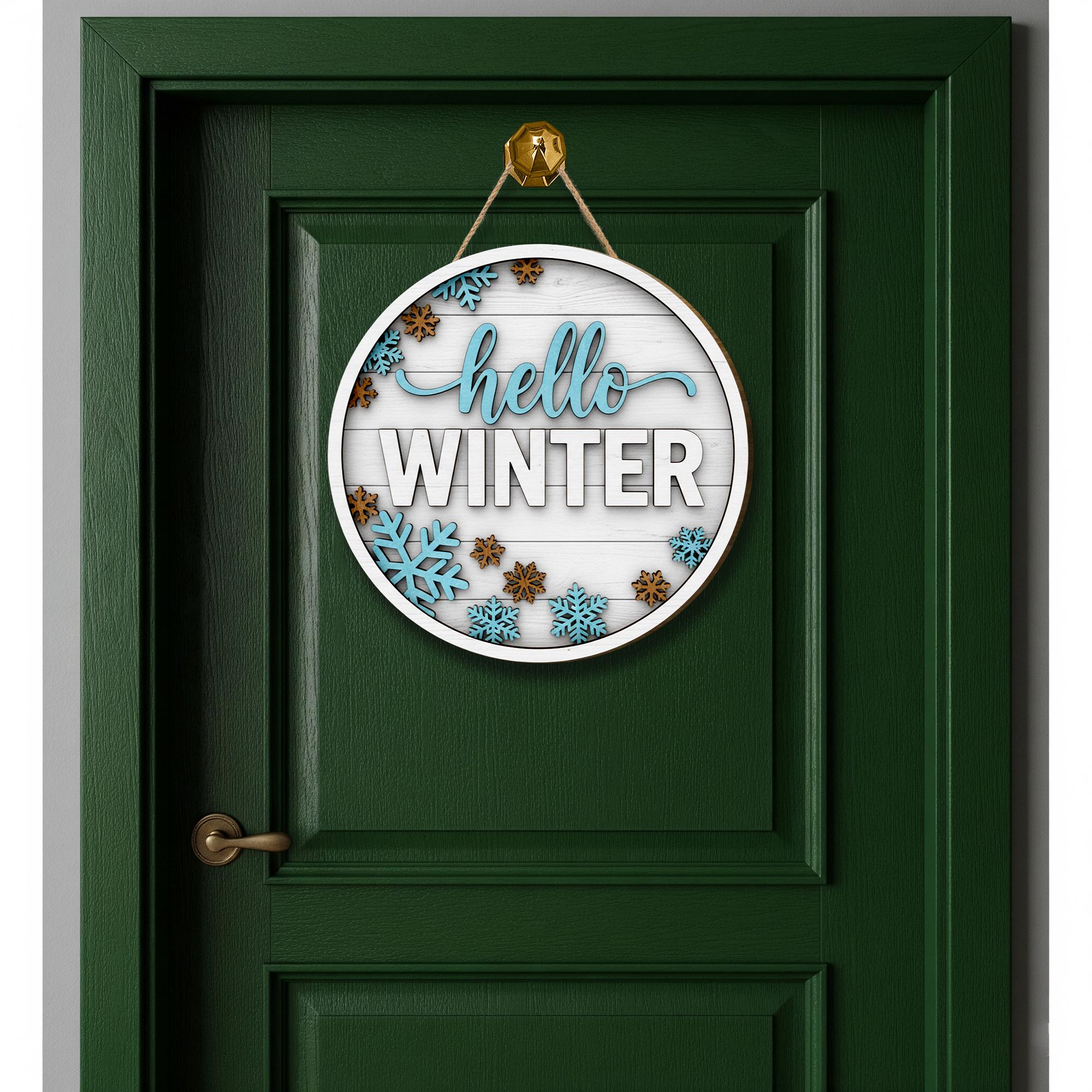 Hello Winter Door Sign: Round Wood Snowflake Welcome Sign