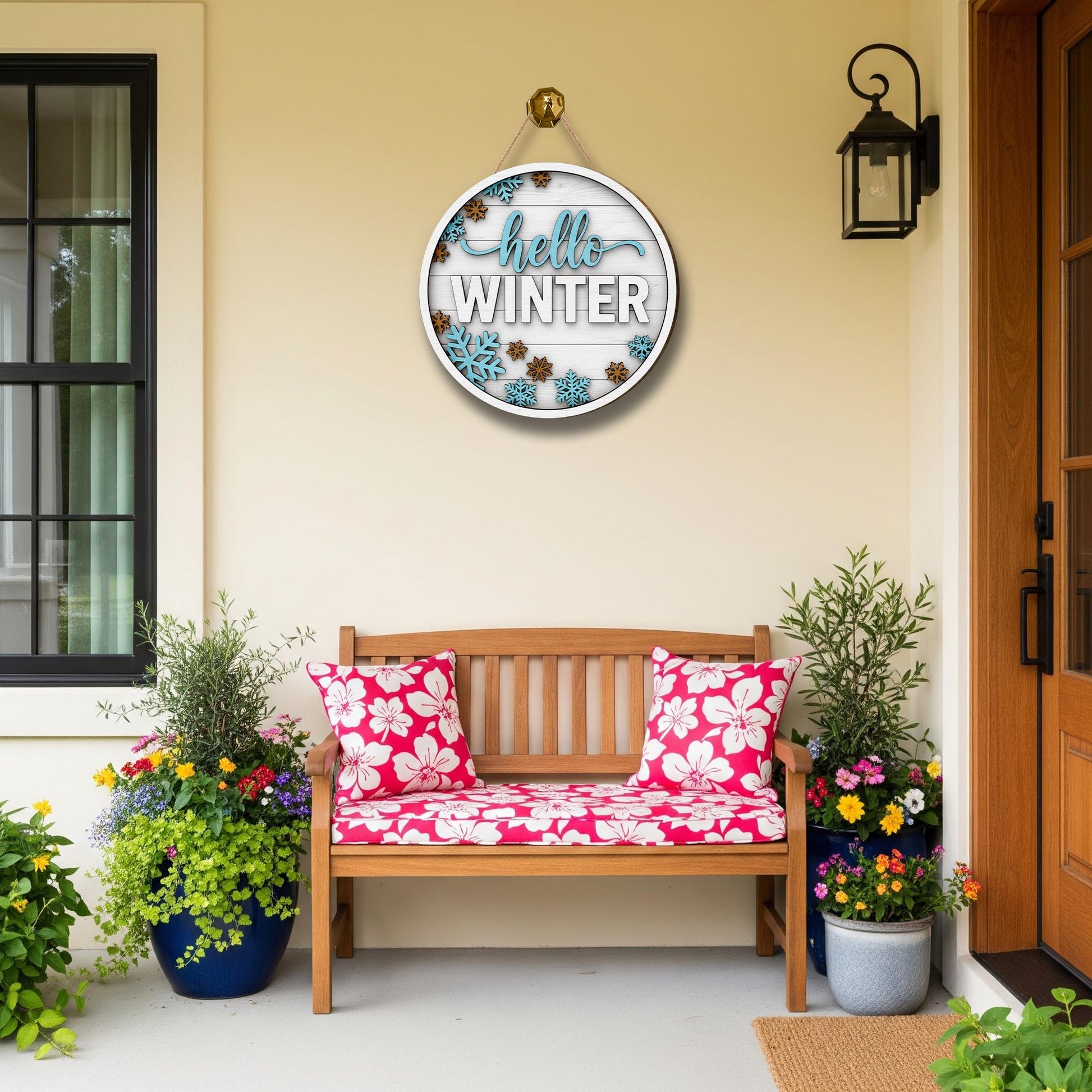 Hello Winter Door Sign: Round Wood Snowflake Welcome Sign