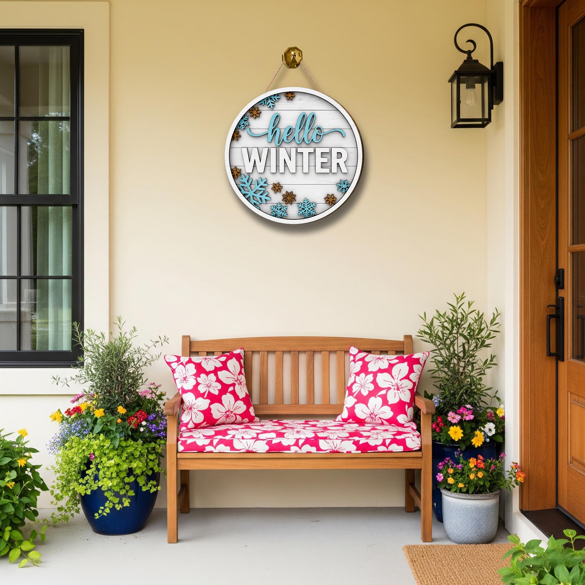 Hello Winter Door Sign: Round Wood Snowflake Welcome Sign