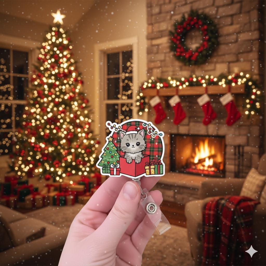 Cat Christmas Badge Reel, Retractable ID Holder, Kitten in Gift Box with Plaid Tree