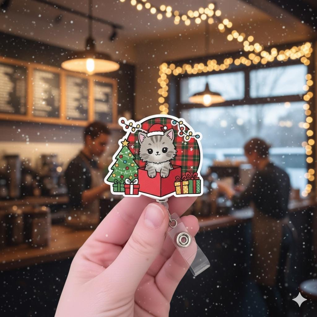 Cat Christmas Badge Reel, Retractable ID Holder, Kitten in Gift Box with Plaid Tree