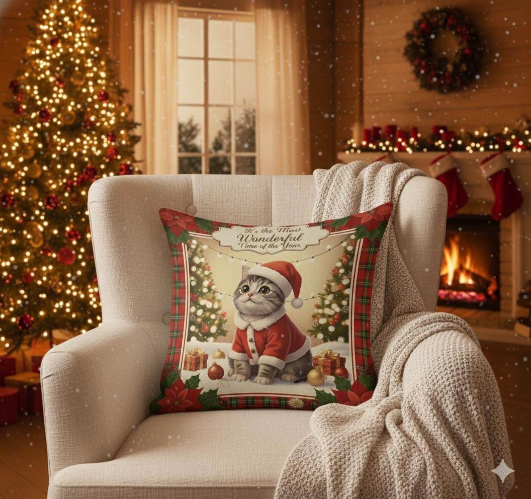 Christmas Cat Throw Pillow, Santa Outfit Kitten, Plaid Poinsettia Border, Decorative Cushion Cover