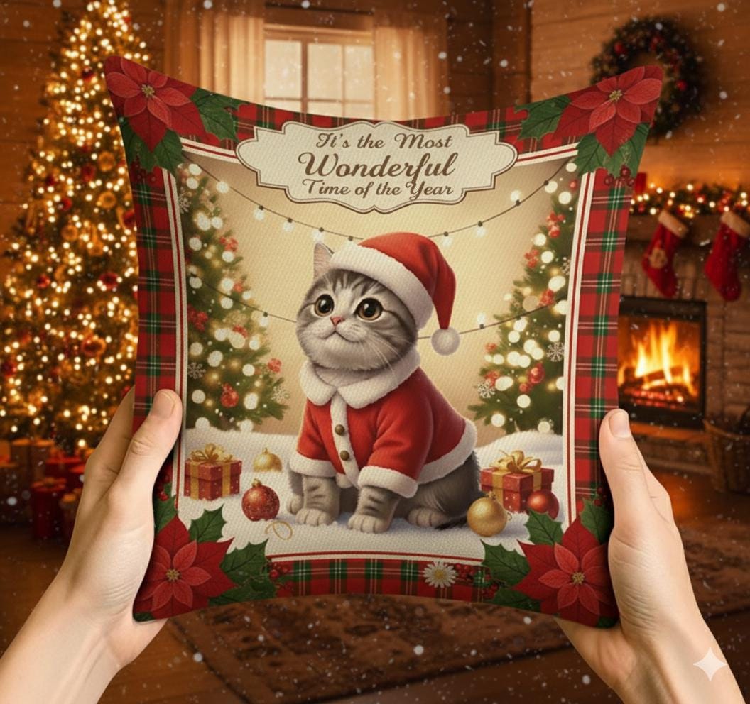 Christmas Cat Throw Pillow, Santa Outfit Kitten, Plaid Poinsettia Border, Decorative Cushion Cover