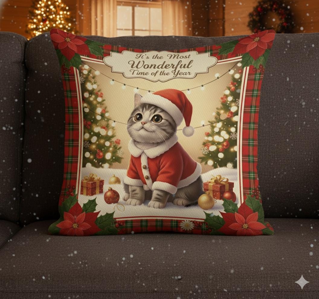 Christmas Cat Throw Pillow, Santa Outfit Kitten, Plaid Poinsettia Border, Decorative Cushion Cover