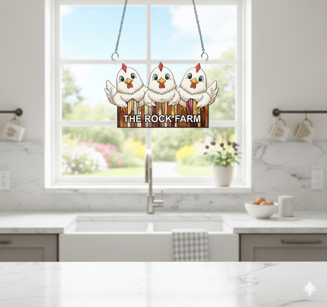 Chicken Window Hanging, Acrylic Suncatcher, Cartoon Hen Trio, Farmhouse decor, Personalized Farm Name Sign