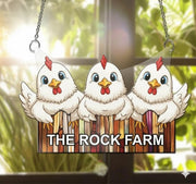 Chicken Window Hanging, Acrylic Suncatcher, Cartoon Hen Trio, Farmhouse decor, Personalized Farm Name Sign