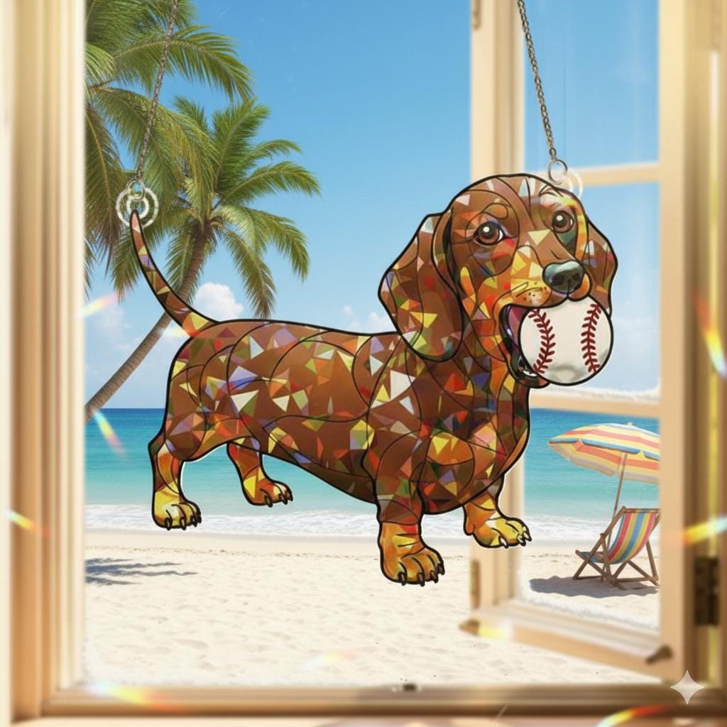 Dachshund Suncatcher With Baseball, Acrylic Window Hanging