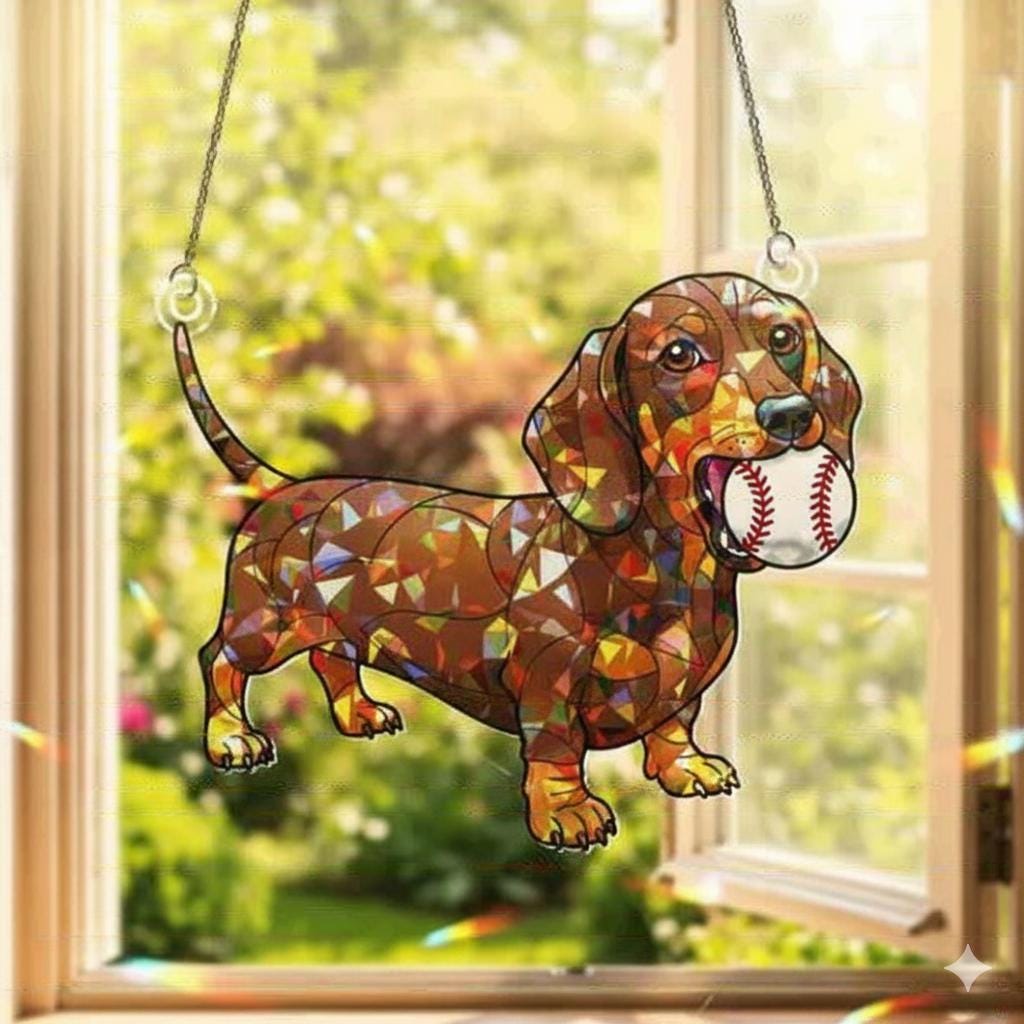 Dachshund Suncatcher With Baseball, Acrylic Window Hanging
