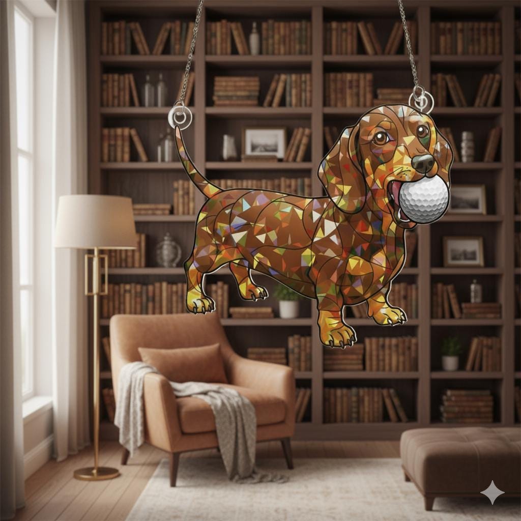 Dachshund Acrylic Suncatcher With Golf Ball, Window Hanging