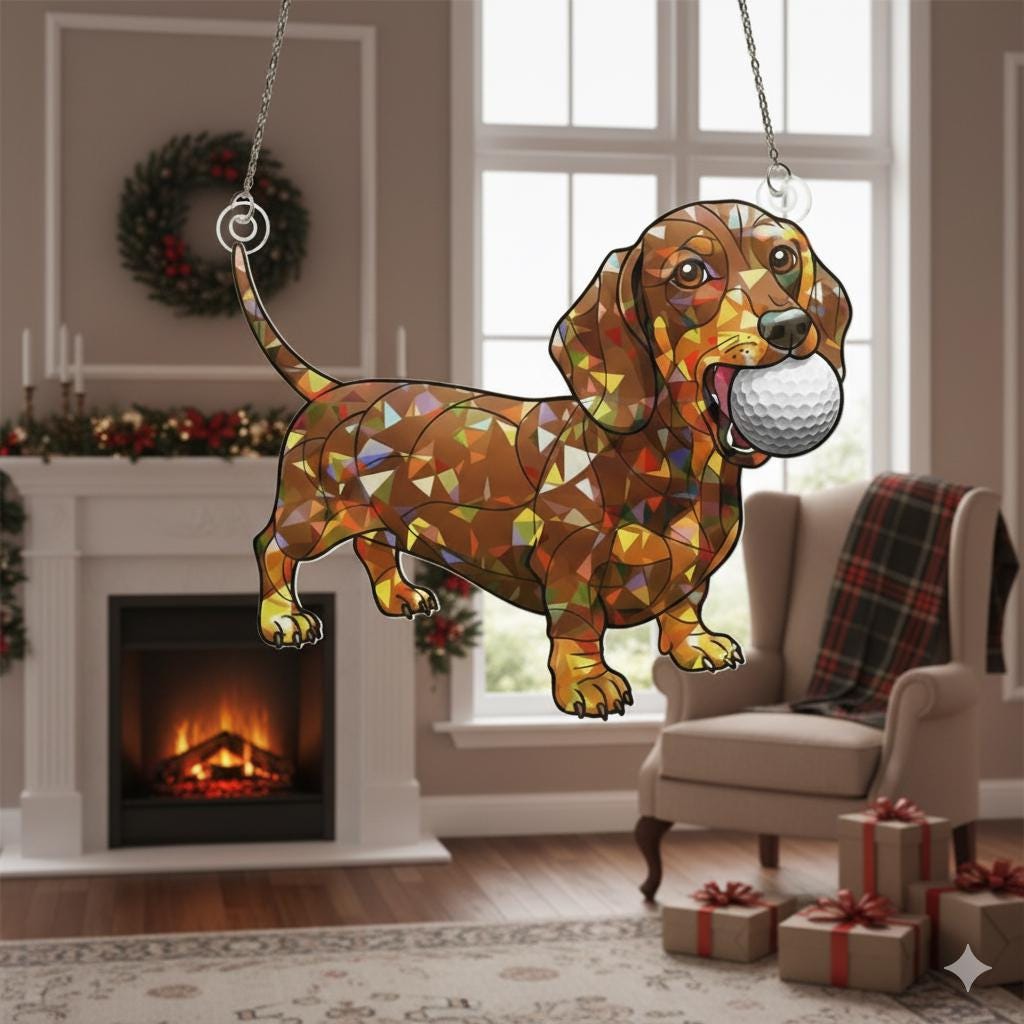 Dachshund Acrylic Suncatcher With Golf Ball, Window Hanging